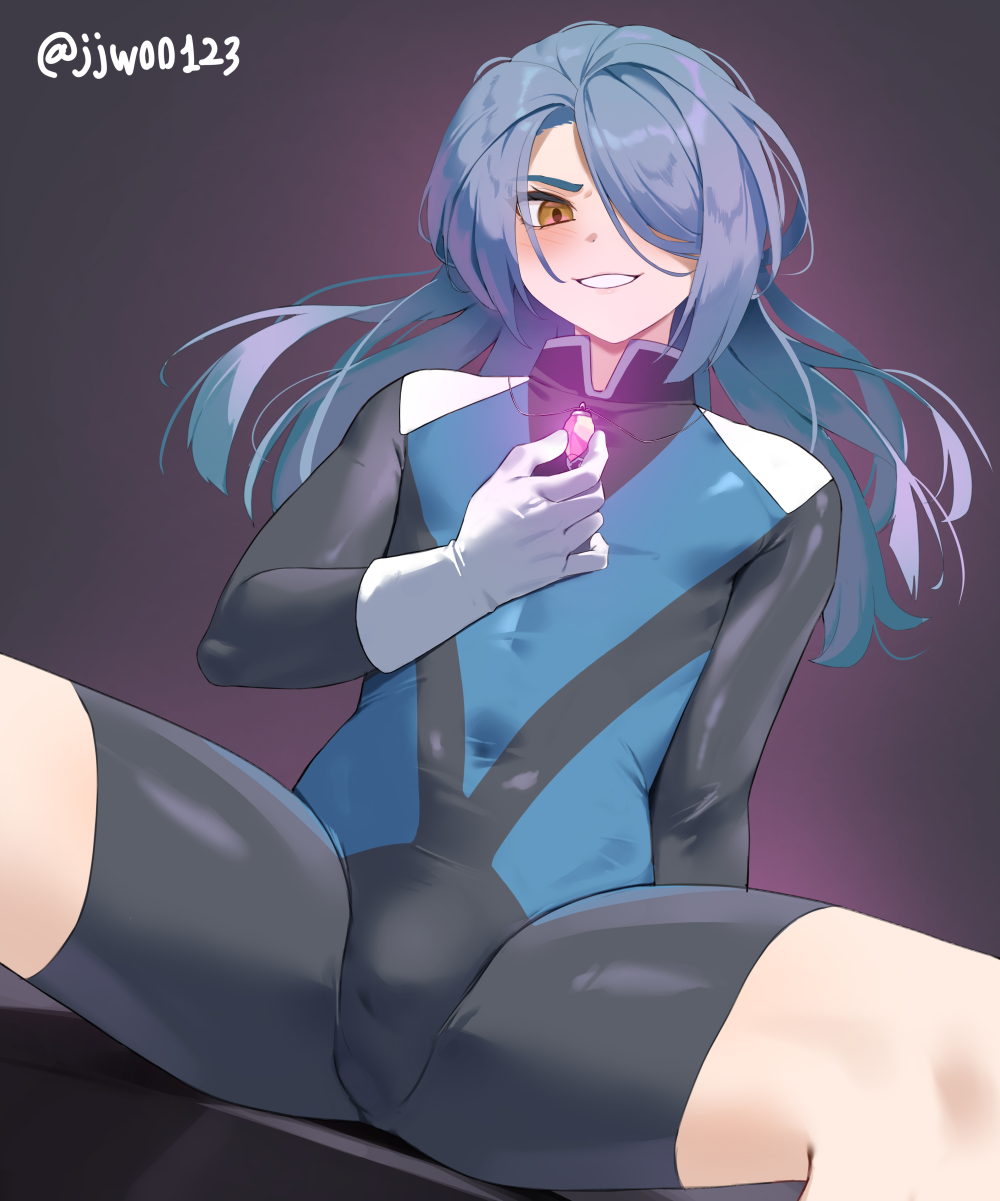 g1 (jjw00123), kazemaru ichirouta, inazuma eleven (series), highres, 1boy, blue hair, blush, bodysuit, bulge, closed mouth, covered navel, gloves, grin, hair over one eye, holding, jewelry, long hair, looking at viewer, male focus, necklace, shiny clothes, sitting, skin tight, smile, solo, spread legs, twitter username, white gloves, yellow eyes