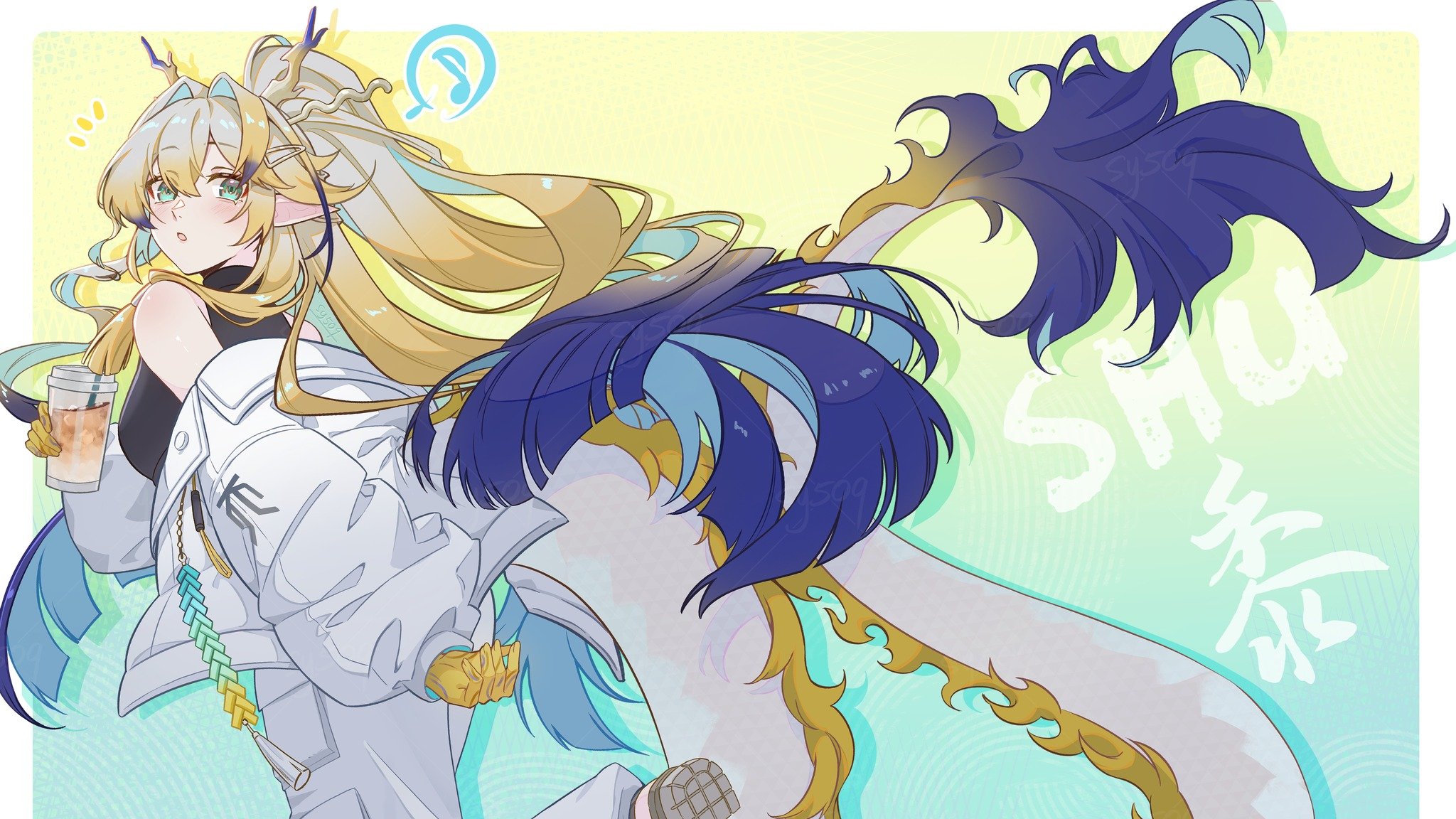 sy509, arknights, character request, highres, 1girl, casual, dragon girl, dragon horns, dragon tail, eastern dragon tail, from behind, horns, jacket, looking back, pointy ears, sleeveless, solo, tail, white jacket