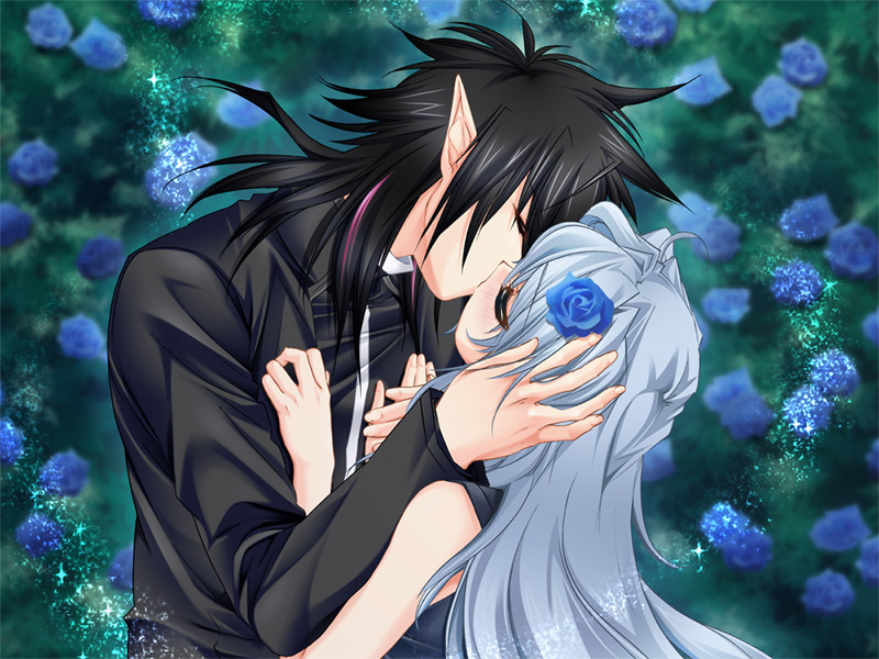 toujou sakana, ashe (under the moon), zero (under the moon), under the moon, game cg, 1boy, 1girl, black hair, blue hair, blush, couple, flower, hair flower, hair ornament, hetero, kiss, long hair, pointy ears, rose, white hair