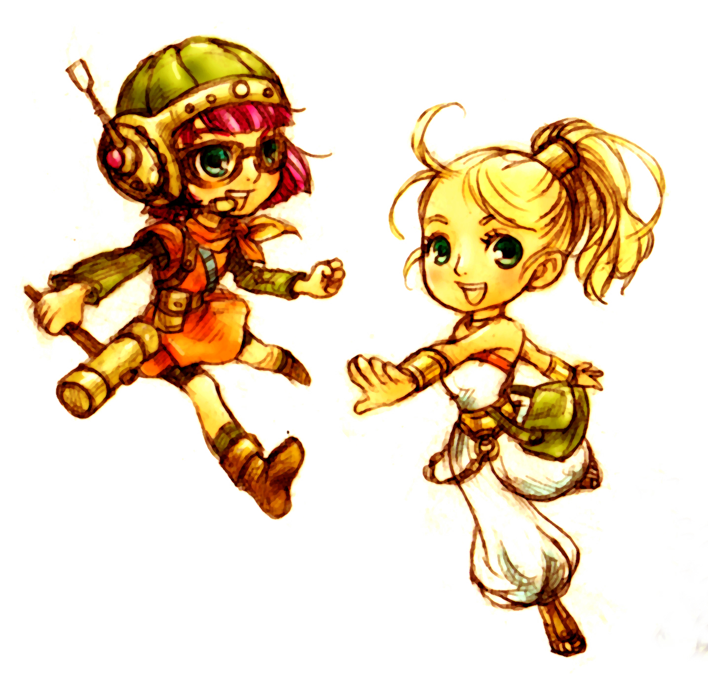 rio-sout, rio-sout (pixiv250789), lucca ashtear, marle (chrono trigger), chrono (series), chrono trigger, highres, 1990s (style), 2girls, antennae, blue eyes, boots, bracelet, glasses, hammer, helmet, jewelry, multiple girls, neckerchief, ponytail, purple hair, sandals, smile