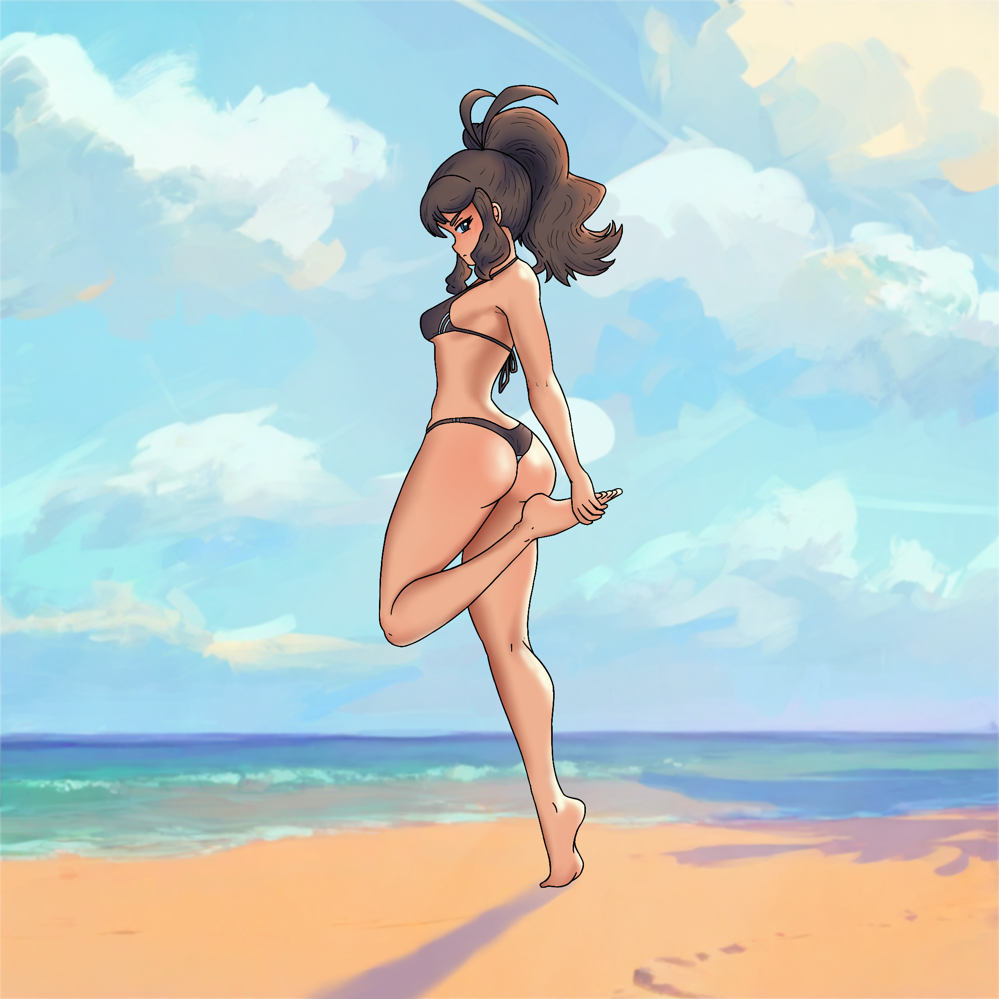 radicool332, hilda (pokemon), nintendo, pokemon, pokemon bw, highres, 1girl, ass, back, bare shoulders, barefoot, beach, bikini, black bikini, blue eyes, blue sky, breasts, brown hair, butt crack, cloud, cloudy sky, curvy, high ponytail, huge ass, leg lift, long hair, looking at viewer, looking back, medium breasts, ocean, outdoors, ponytail, shiny skin, sideboob, sidelocks, skindentation, sky, solo, standing, standing on one leg, swimsuit, thong, thong bikini, water, wide hips