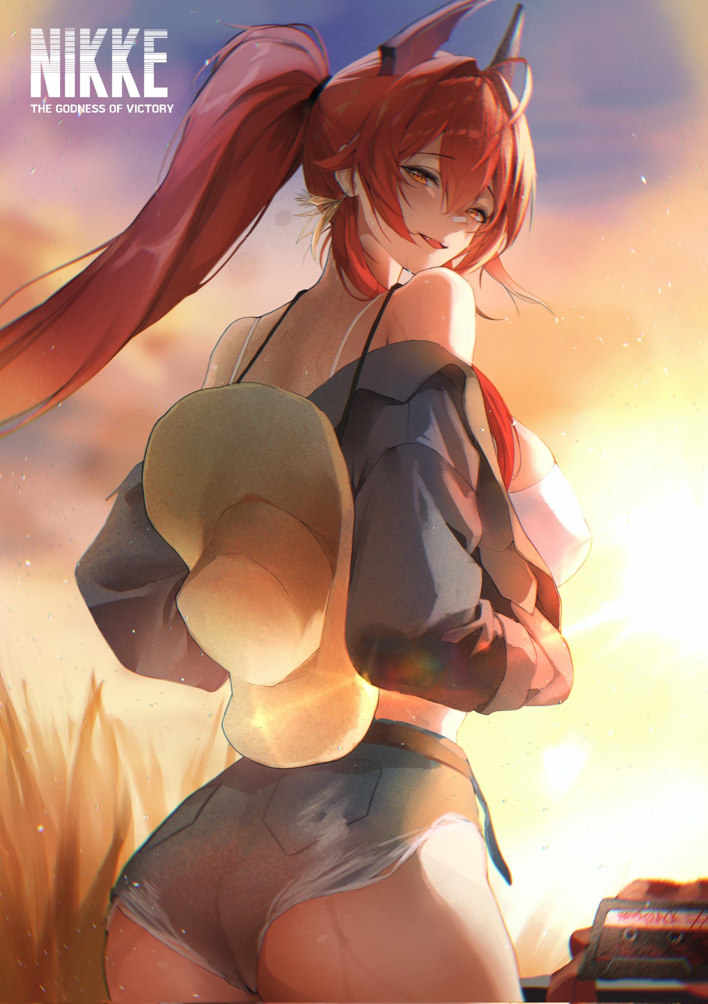 n1n1, red hood (nikke), goddess of victory: nikke, commentary request, highres, korean commentary, revision, 1girl, ahoge, ass, bare shoulders, black horns, breasts, camisole, copyright name, cowboy hat, cutoffs, denim, denim jacket, from behind, hair intakes, hat, hat on back, horns, jacket, large breasts, mechanical horns, official alternate costume, open mouth, ponytail, red hair, red hood (retro days) (nikke), solo, tank top, white camisole, white tank top, yellow eyes