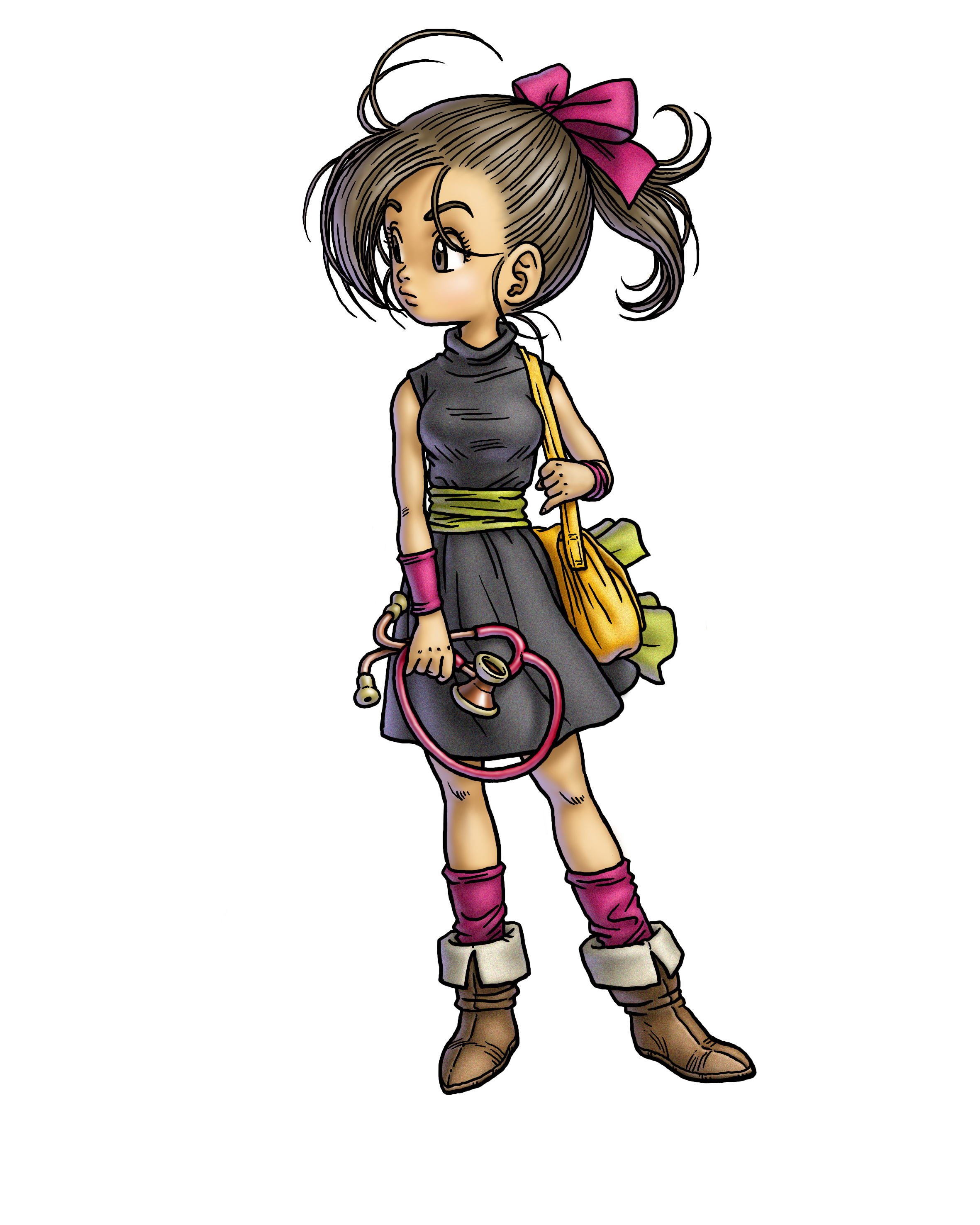 toriyama akira, kluke, blue dragon, absurdres, highres, official art, 00s, 1girl, bag, boots, brown eyes, brown hair, dress, female focus, full body, hair ribbon, ponytail, ribbon, sash, shoulder bag, simple background, socks, solo, standing, stethoscope, turtleneck, turtleneck dress, white background