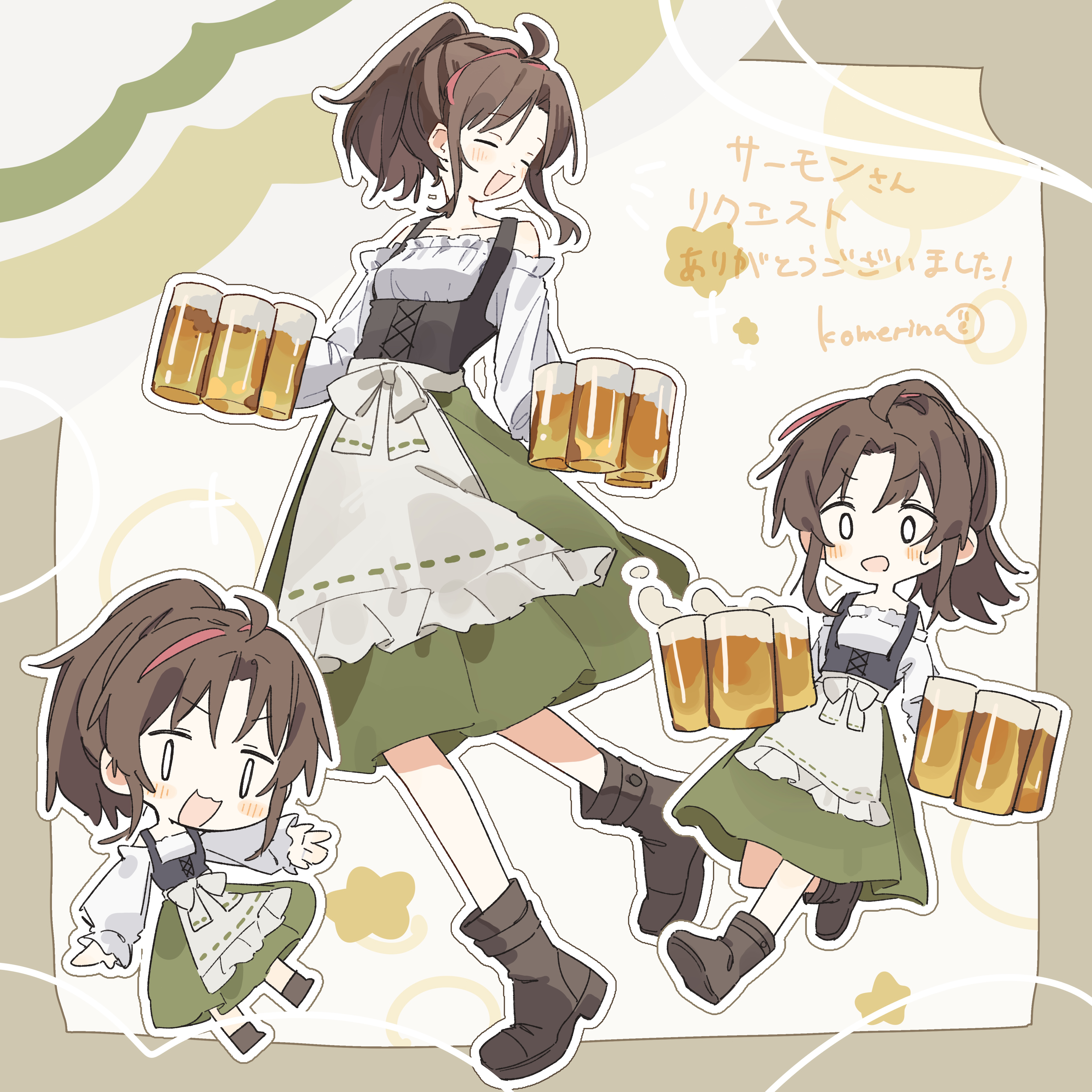 komerina, original, absurdres, commentary, commission, highres, translated, 0 0, 1girl, :3, :d, :o, ahoge, ankle boots, apron, artist name, bare shoulders, blush, bodice, boots, bow, breasts, brown boots, brown hair, chibi, closed eyes, collarbone, cup, dot nose, forehead, frilled apron, frilled shirt, frills, full body, green background, green skirt, hand up, hands up, holding, holding cup, long sleeves, looking at viewer, medium hair, multicolored hair, multiple views, no nose, off shoulder, open mouth, parted bangs, pink streaks, ponytail, puffy long sleeves, puffy sleeves, shirt, sidelocks, signature, skirt, small breasts, smile, standing, star (symbol), streaked hair, sweatdrop, v-shaped eyebrows, waist apron, walking, waving, white apron, white background, white bow, white shirt, | |