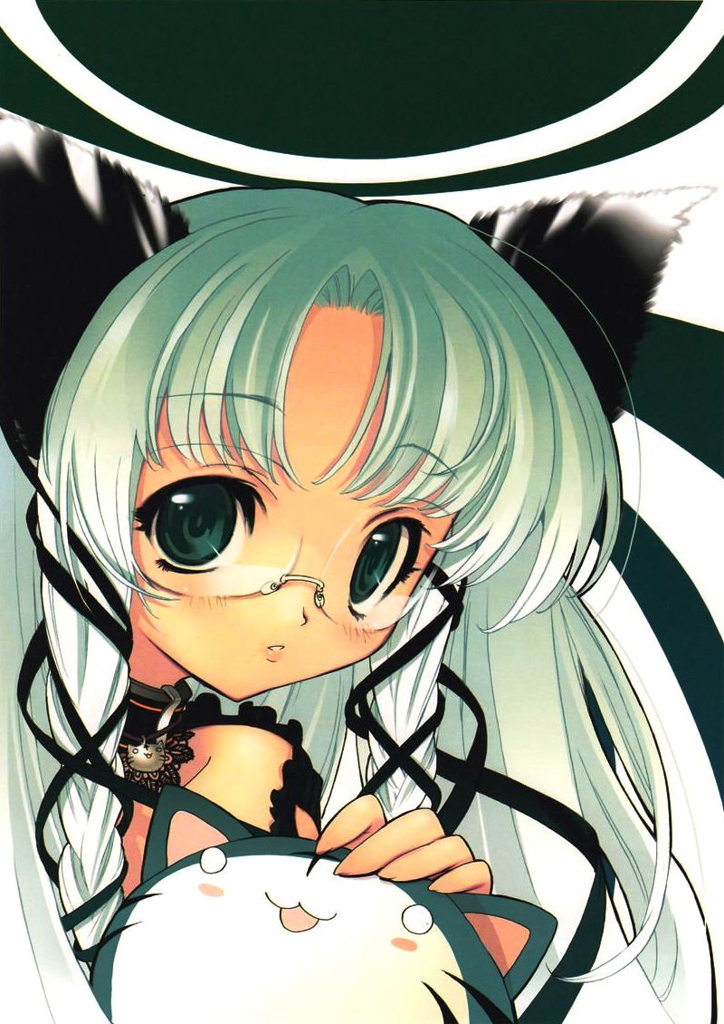 blade (galaxist), animal ears, cat, collar, glasses, green eyes, green hair, long hair, solo