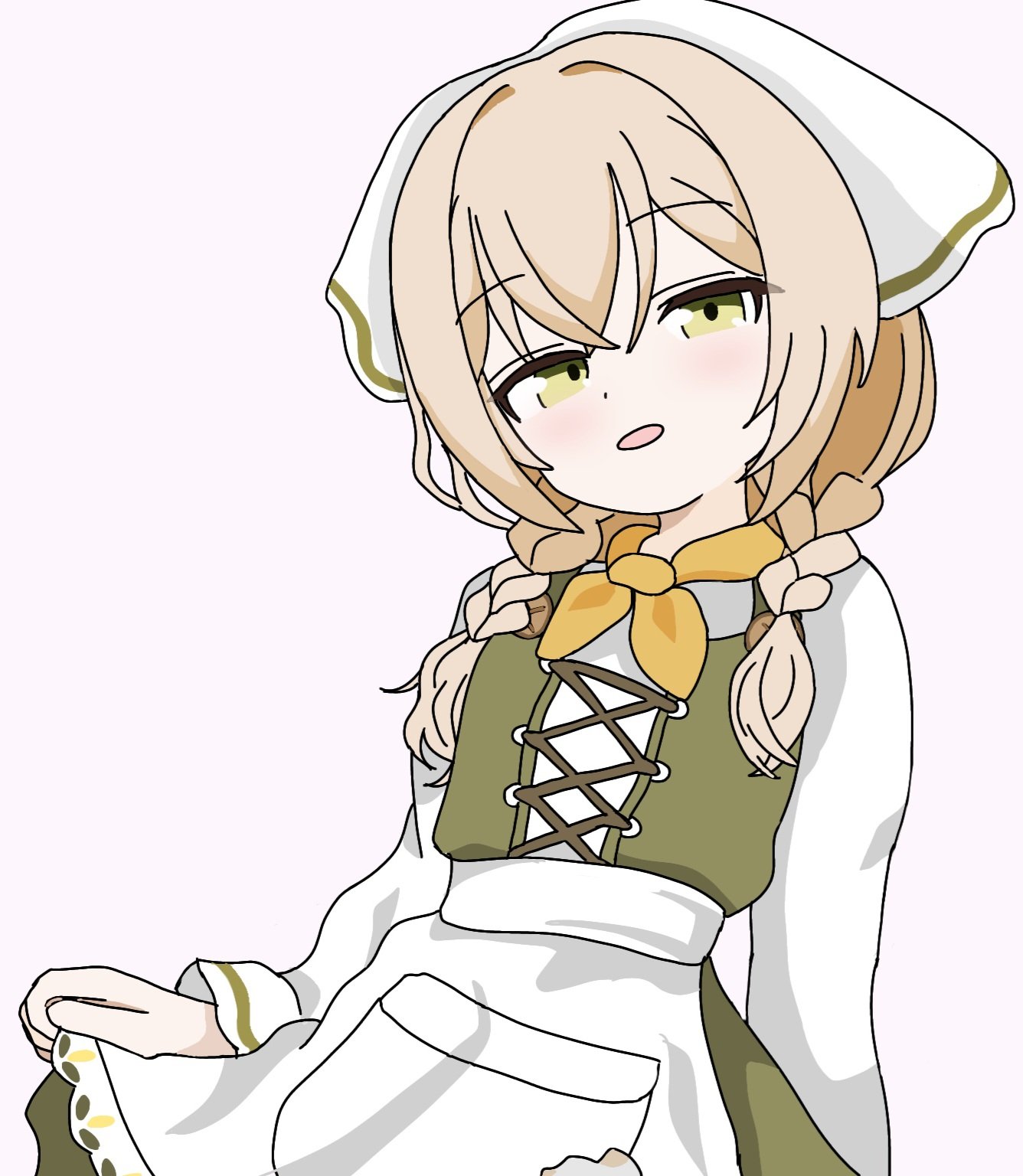 azur lane, highres, 1girl, amerigo (azur lane), blonde hair, braid, green eyes, light blush, long sleeves, looking at viewer, low twin braids, medium hair, open mouth, poritanporitan, simple background, solo, twin braids, white background