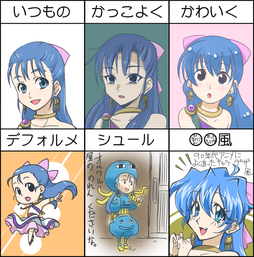 sanndo, flora (dq5), dragon quest, dragon quest v, translated, 1990s (style), 1girl, :o, blue eyes, blue hair, bow, chart, dress, earrings, fang, hair bow, half updo, high heels, jewelry, long hair, multiple expressions, parody, retro artstyle, shoes, style parody