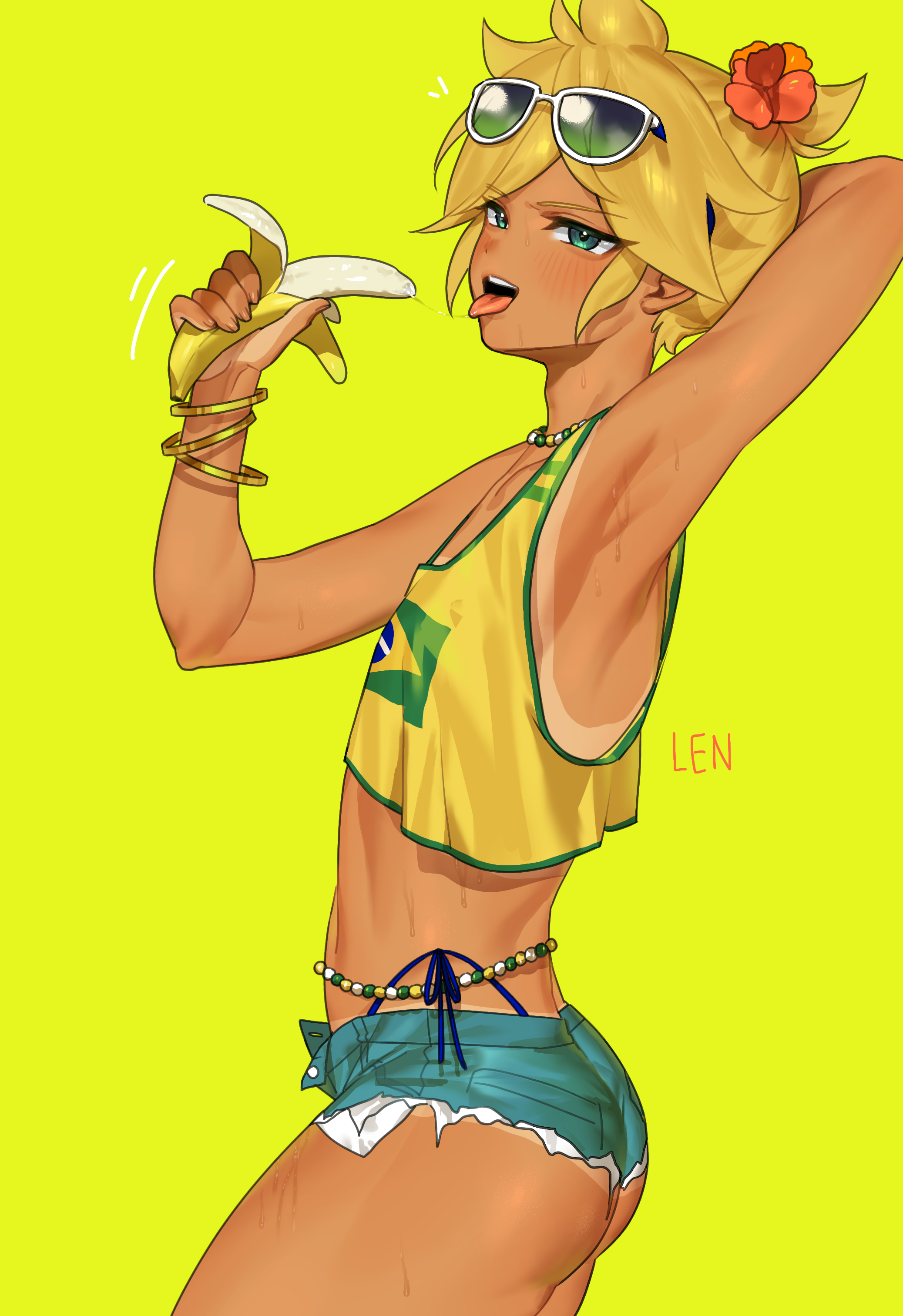 user sxzr5453, brazilian miku, hatsune miku, kagamine len, vocaloid, absurdres, highres, 1boy, arm up, armpits, ass, banana, blonde hair, blue eyes, blush, brazilian flag, brazilian flag print, brazilian miku (cosplay), character name, cosplay, crossdressing, crossdressing (mtf), denim, denim shorts, exposed pocket, eyewear on head, flag print, food, from side, fruit, green background, holding, holding food, holding fruit, looking at viewer, male focus, saliva, saliva trail, sexually suggestive, short hair, short shorts, shorts, shorts tan, simple background, solo, sweat, tan, tank top, tanline, tanline peek, teeth, upper teeth only, white-framed eyewear, yellow tank top