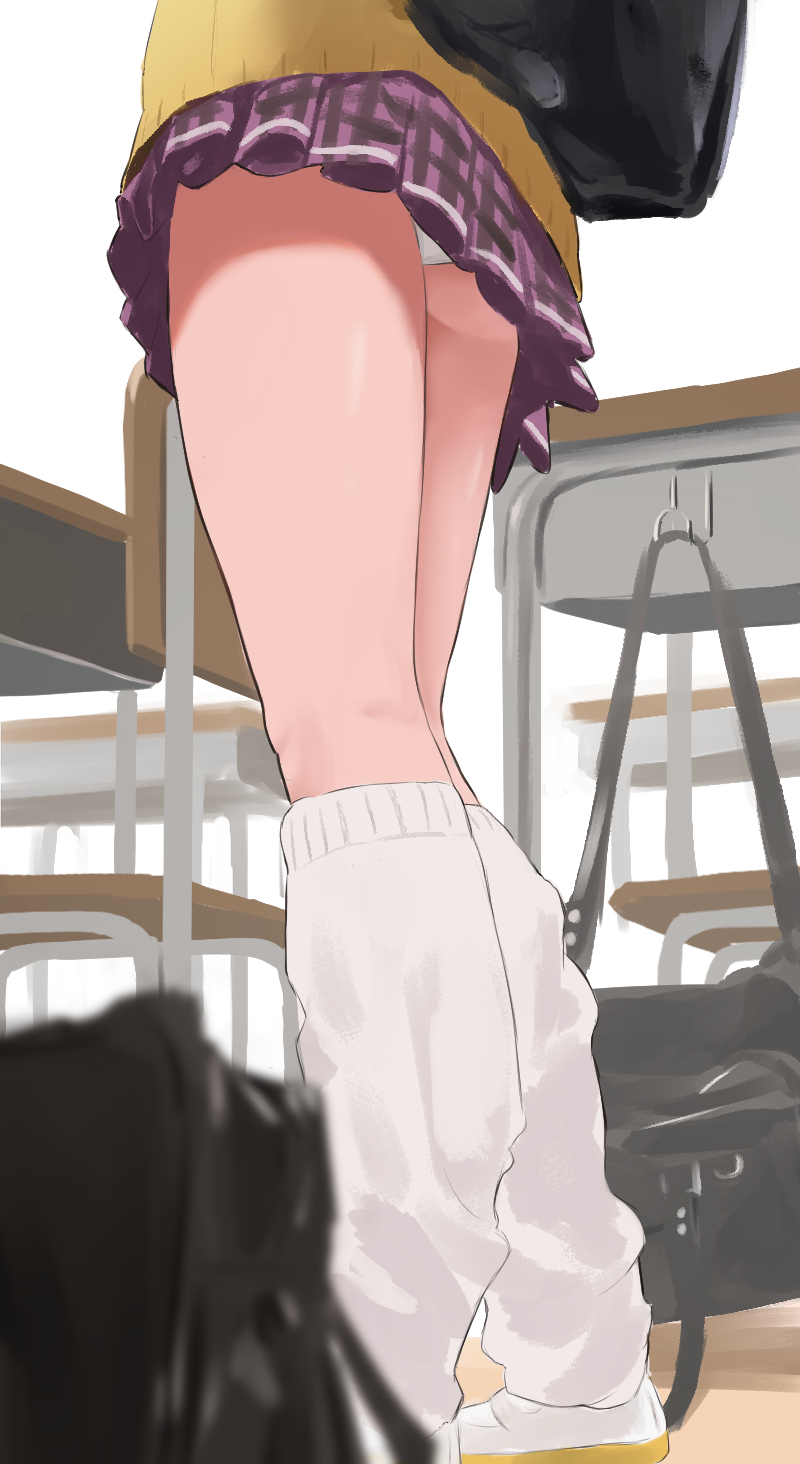 eru aise, kasukabe tsumugi, voicevox, commentary request, highres, 1girl, ass peek, bag, classroom, from below, indoors, legs, loose socks, lower body, miniskirt, panties, pantyshot, pleated skirt, purple skirt, school bag, school uniform, shirt, skirt, socks, solo, standing, sweater, underwear, upskirt, white panties, white shirt, white socks, yellow sweater