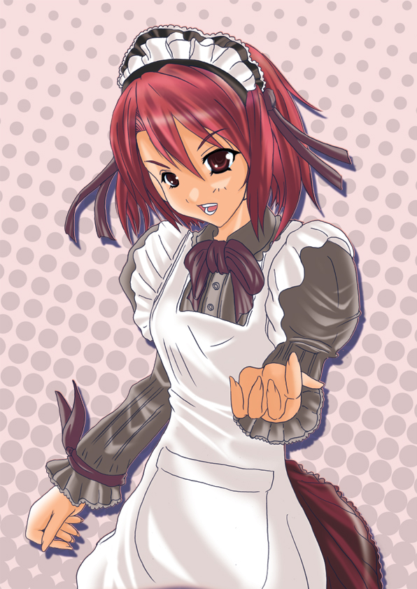 hinayoshi, kushieda minori, toradora!, 00s, apron, bow, dress, frills, hair bow, headdress, maid, maid apron, open mouth, red eyes, red hair, short hair, skirt, smile, solo