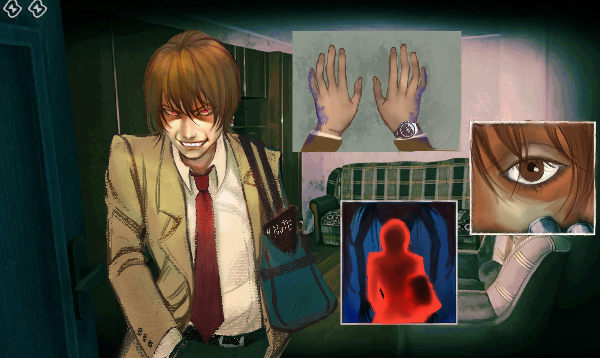 ryuk, yagami light, death note, no i'm not a human, highres, 1boy, bags under eyes, belt, blazer, brown eyes, brown hair, close-up, couch, crossover, death note (object), dirty hands, evil grin, evil smile, eyelashes, fingernails, glowing, glowing eyes, grin, in-universe location, indoors, ink, jacket, male focus, margonika00, necktie, no i'm not a human (style), nose, photo (object), realistic, red eyes, red necktie, smile, smile lines, solo focus, teeth, tsurime, watch, wristwatch