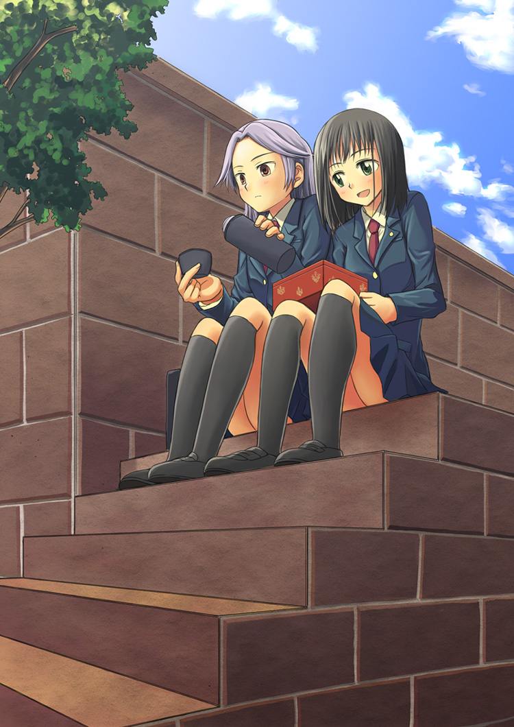 niina ryou, kajiki yumi, kujiki yumi, touyoko momoko, saki (manga), bad id, bad pixiv id, 00s, 2girls, blazer, jacket, kneehighs, multiple girls, necktie, school uniform, sitting, sitting on stairs, slice of life, socks, stairs