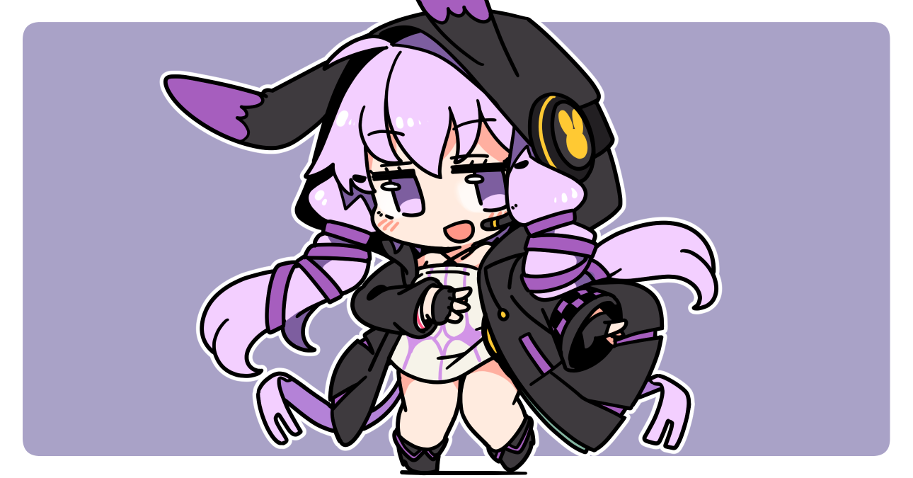 ini (inunabe00), yuzuki yukari, yuzuki yukari (lin), vocaloid, voiceroid, 1girl, :d, animal hood, black coat, black shoes, blush, border, chibi, chibi only, coat, dress, full body, hair ribbon, headset, hood, hooded coat, long hair, long sleeves, looking at viewer, open clothes, open coat, open mouth, outline, outside border, purple background, purple dress, purple eyes, purple hair, purple ribbon, rabbit hood, ribbon, shoes, short dress, simple background, smile, solo, standing, white border, white outline