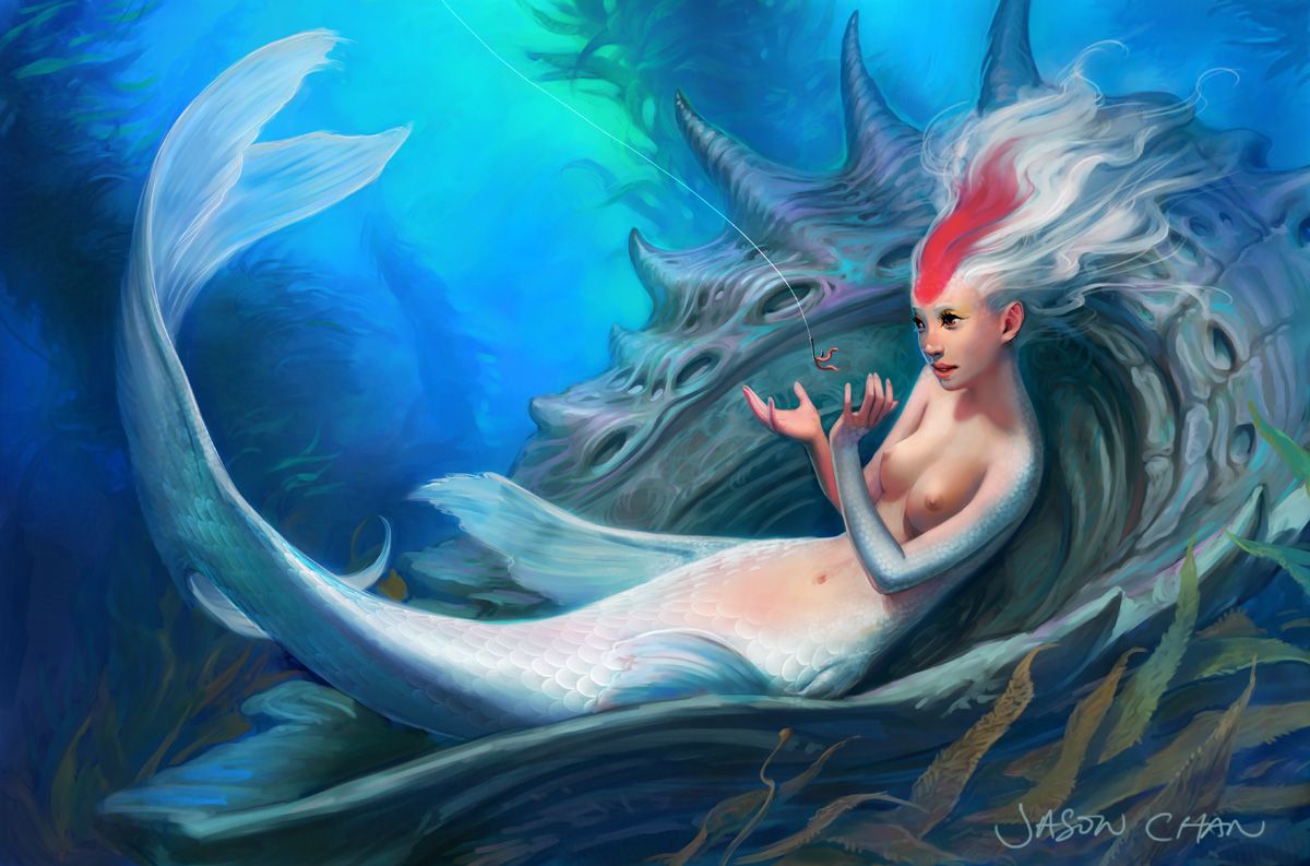 jason chan, breasts, fishing, long hair, mermaid, monster girl, nipples, shell, underwater