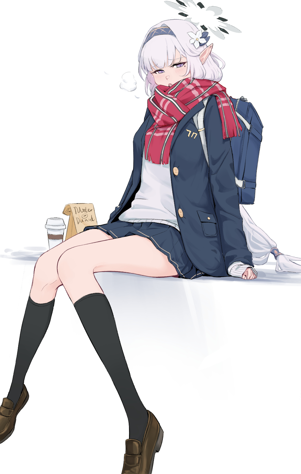 mola (mola526), himari (blue archive), blue archive, highres, 1girl, bag, halo, long hair, plaid clothes, plaid scarf, pointy ears, purple eyes, red scarf, scarf, school bag, school uniform, simple background, sitting, solo, thighs, very long hair, white background, white hair