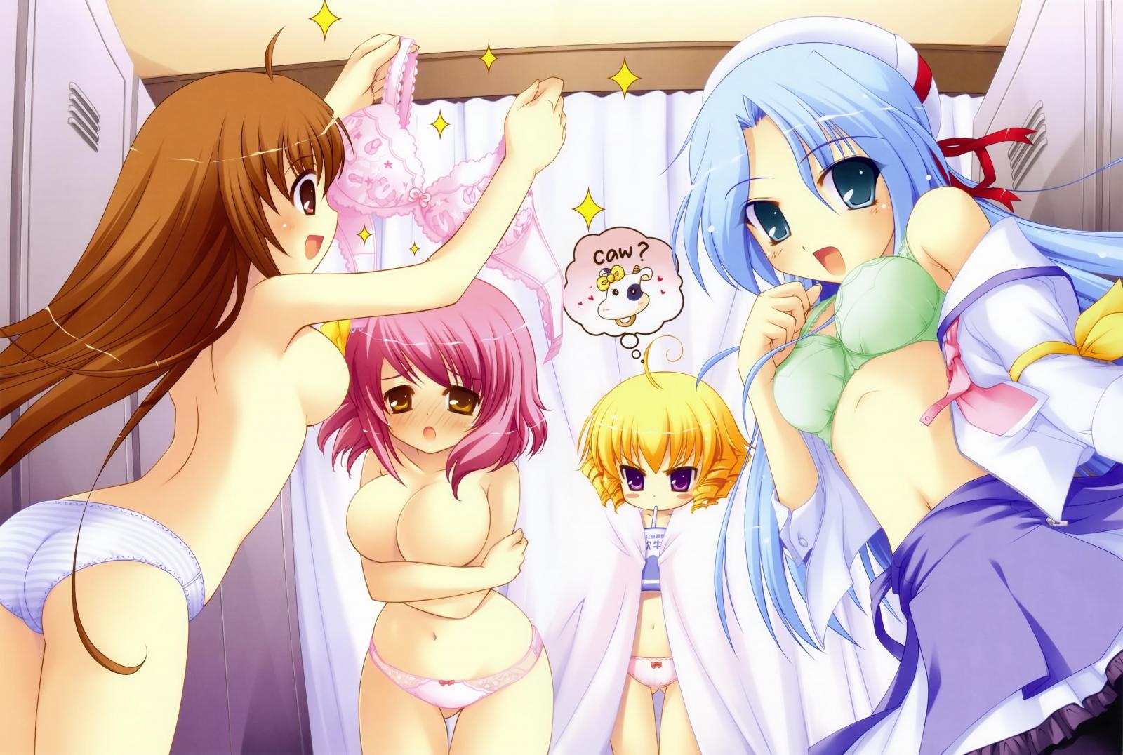 inugahora an, ichinose yuuka, mochizuki maho, tsunomiya shizuku, yuunagi juri, tsunagaru bangle, breast hold, highres, 4girls, back, blue eyes, blue hair, blush, bra, breast envy, breasts, brown hair, english text, engrish text, hat, large breasts, lingerie, locker, locker room, long hair, looking at breasts, multiple girls, panties, pink hair, purple eyes, ranguage, short hair, sideboob, striped clothes, striped panties, topless female, underwear, underwear only, undressing