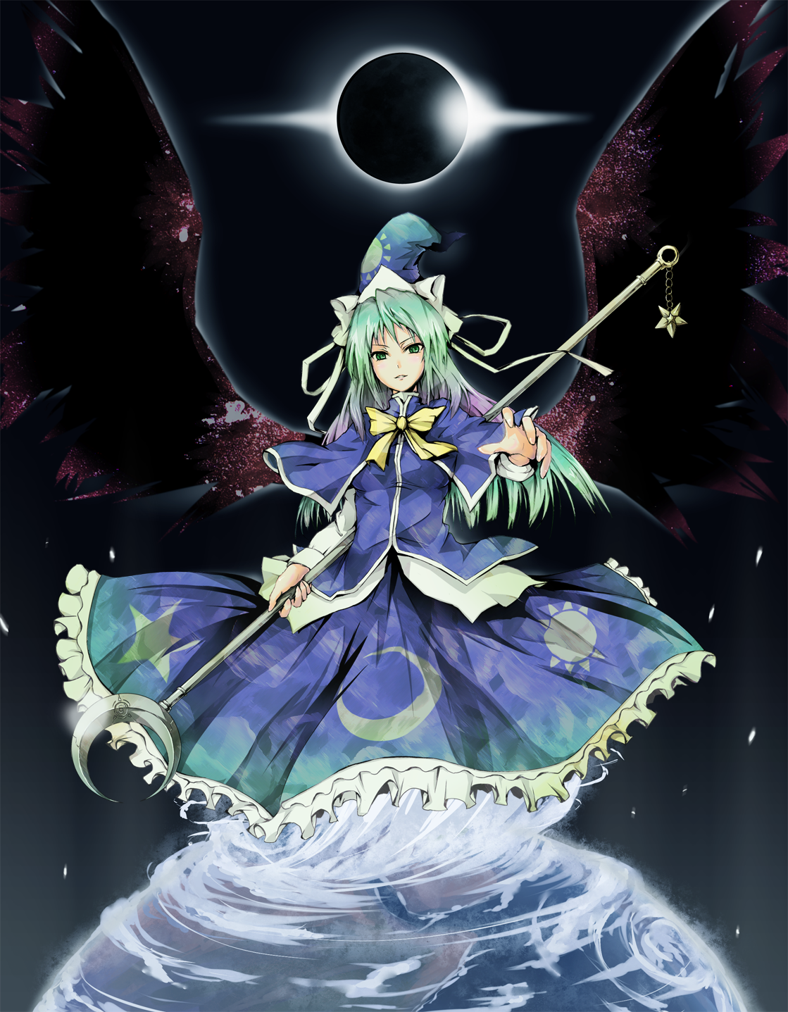 crost, mima (touhou), mystic square, touhou, touhou (pc-98), highres, 1girl, dress, earth (planet), eclipse, female focus, giant, giantess, green eyes, green hair, hat, huge giantess, matching hair/eyes, solar eclipse, solo, staff, wings, wizard hat