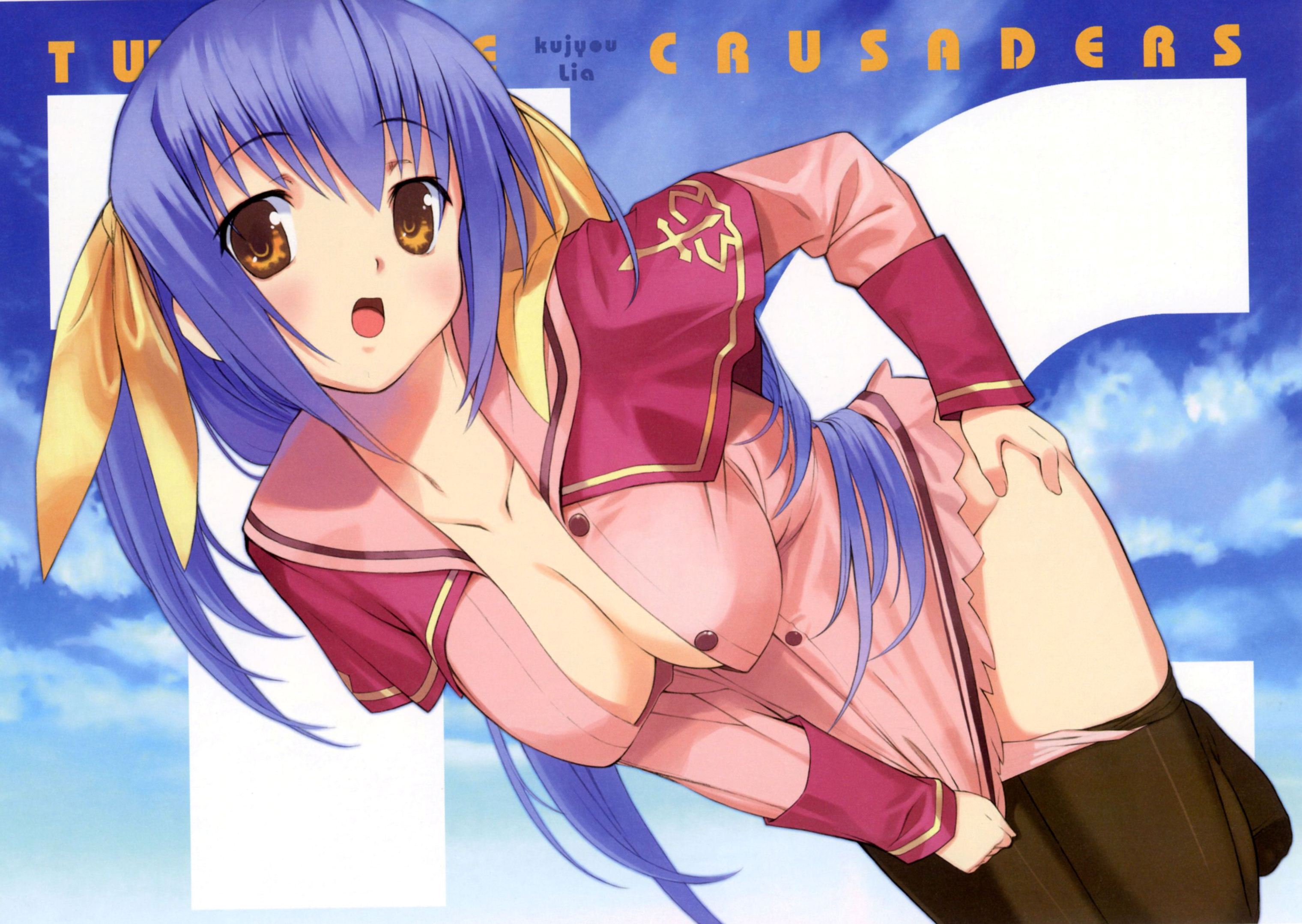 mibu natsuki, kujou ria, twinkle crusaders, highres, 1girl, :o, bent over, blue hair, blush, breasts, cleavage, clothes pull, female focus, hair ribbon, hanging breasts, large breasts, long hair, no bra, open clothes, open shirt, orange eyes, panties, panty pull, pantyhose, pantyhose pull, pink panties, ribbon, school uniform, shirt, solo, thighhighs, underwear, undressing