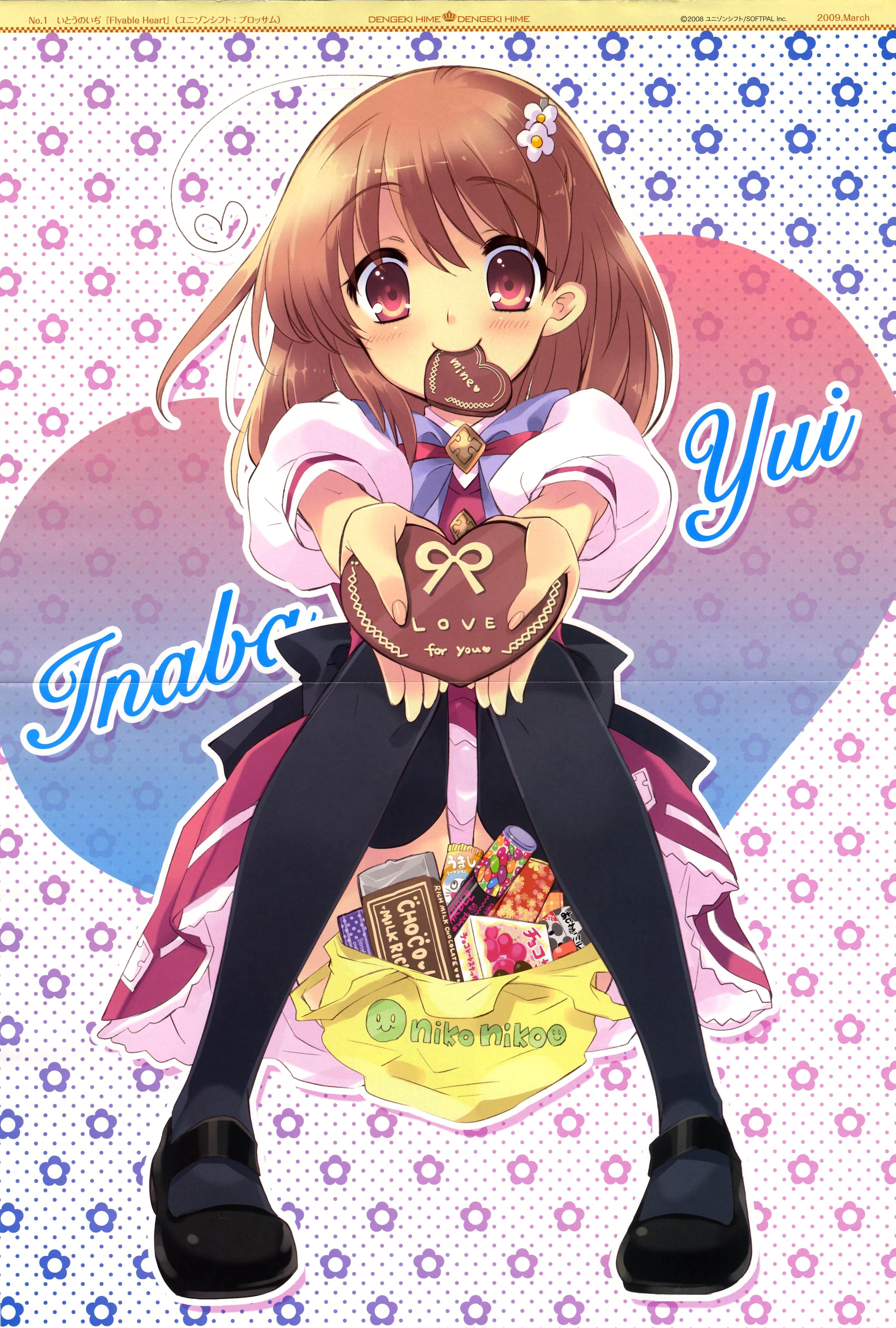 ito noizi, inaba yui, dengeki hime, flyable heart, absurdres, highres, scan, 1girl, ahoge, black thighhighs, blush, brown eyes, brown hair, chocolate, crease, english text, female focus, gift, hair ornament, hairclip, heart, heart ahoge, holding, holding gift, incoming gift, mouth hold, red eyes, school uniform, short hair, sitting, skirt, smile, solo, thighhighs