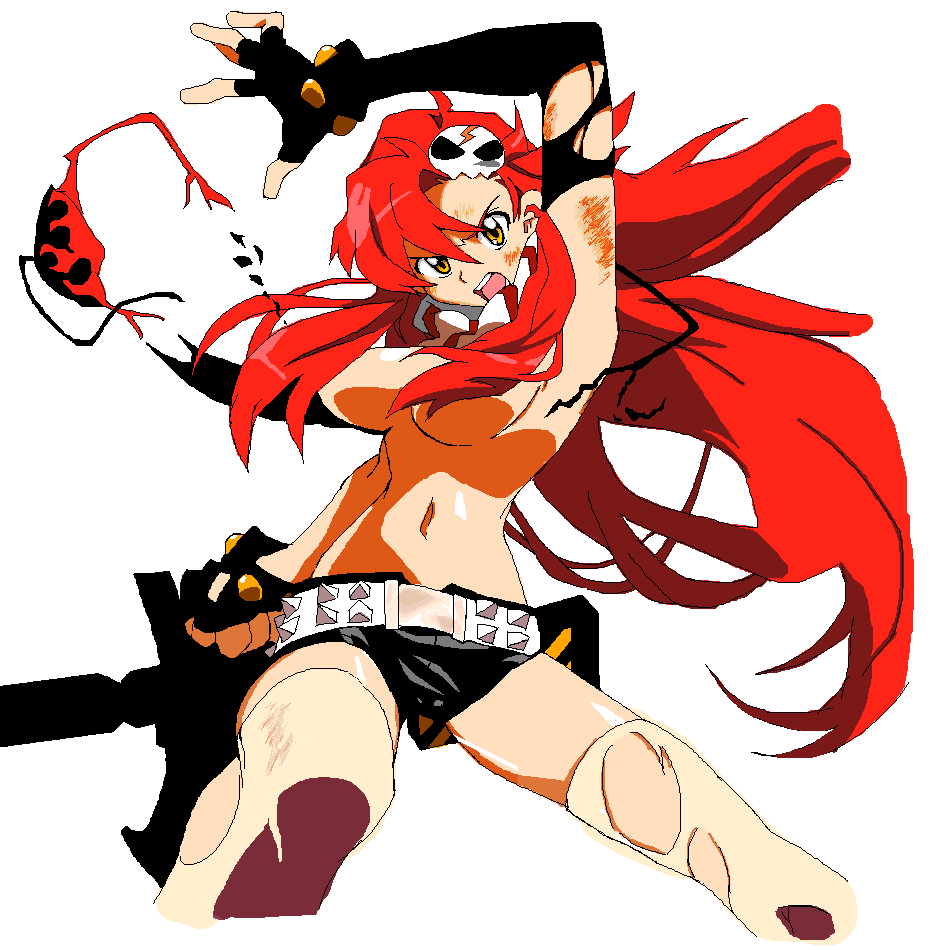 gyoumono, yoko littner, tengen toppa gurren lagann, tengen toppa gurren lagann: lagann-hen, 00s, 1girl, belt, bikini, bikini top only, breasts, censored, censored nipples, convenient censoring, female focus, fingerless gloves, gloves, gun, hair censor, hair down, hair ornament, hair over breasts, hairclip, injury, long hair, open mouth, red hair, short shorts, shorts, sidelocks, skull, skull hair ornament, solo, swimsuit, thighhighs, topless female, torn bikini, torn clothes, torn thighhighs, very long hair, weapon, yellow eyes