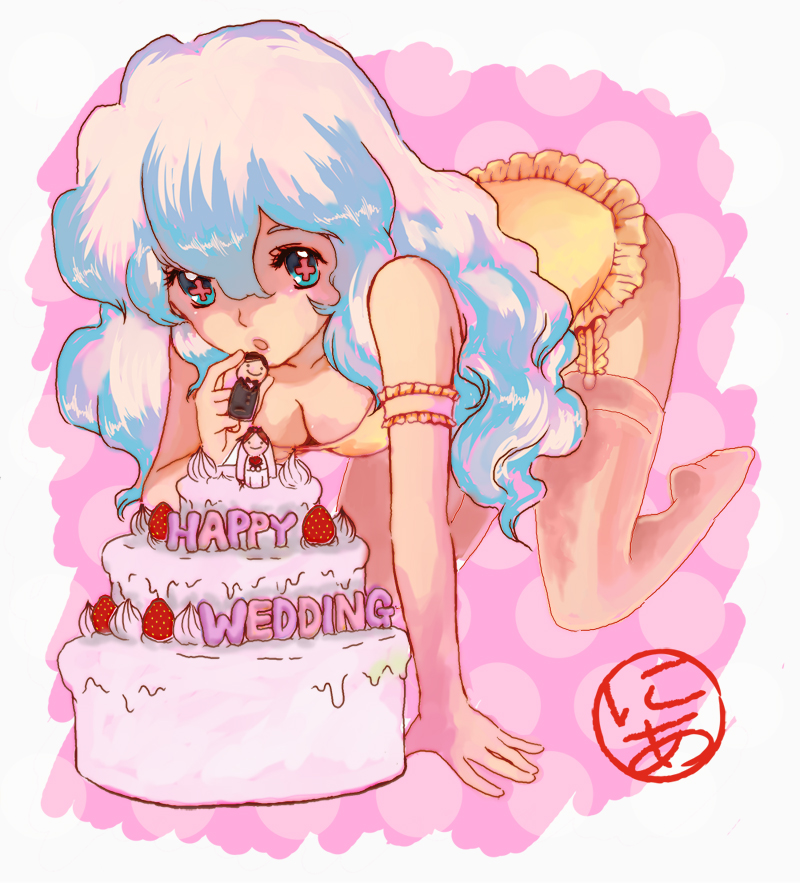 reinus, nia teppelin, tengen toppa gurren lagann, + +, 00s, all fours, anniversary, bent over, cake, cross-shaped pupils, dessert, food, fruit, icing, lingerie, long hair, multicolored hair, solo, strawberry, symbol-shaped pupils, underwear, wavy hair, wedding cake