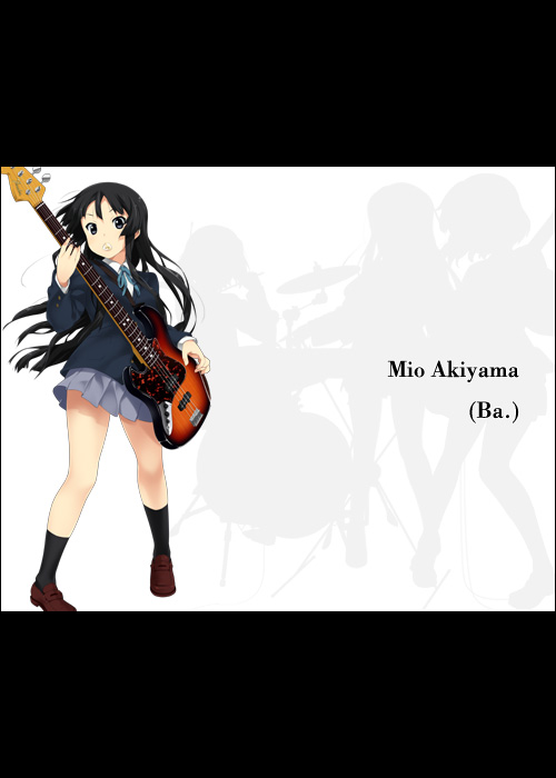 mizuki makoto, akiyama mio, k-on!, 00s, 1girl, bass guitar, black hair, blunt bangs, female focus, hime cut, instrument, long hair, mouth hold, school uniform, skirt, solo