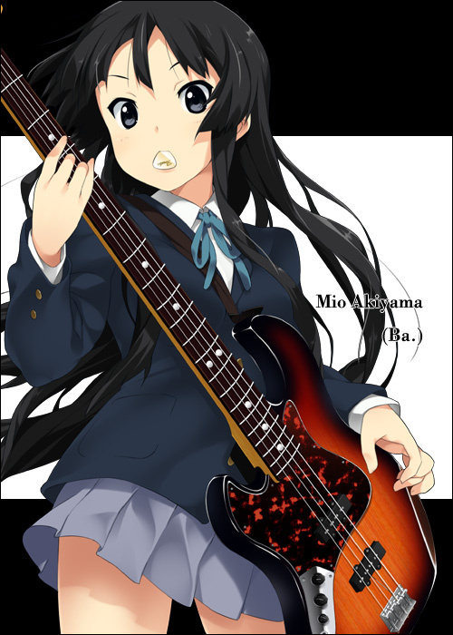 mizuki makoto, akiyama mio, k-on!, 00s, 1girl, bass guitar, black hair, blunt bangs, female focus, hime cut, instrument, long hair, mouth hold, plectrum, school uniform, skirt, solo