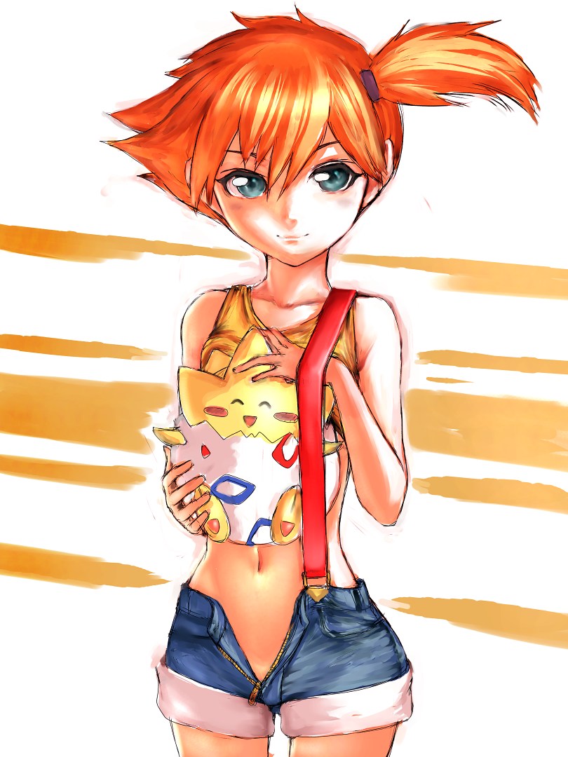 fumio (rsqkr), misty (pokemon), togepi, nintendo, pokemon, pokemon (anime), head, 1girl, bare shoulders, blue eyes, gen 2 pokemon, midriff, navel, no panties, open clothes, open fly, open shorts, orange hair, pokemon (creature), short hair, short shorts, shorts, side ponytail, suspenders, unzipped