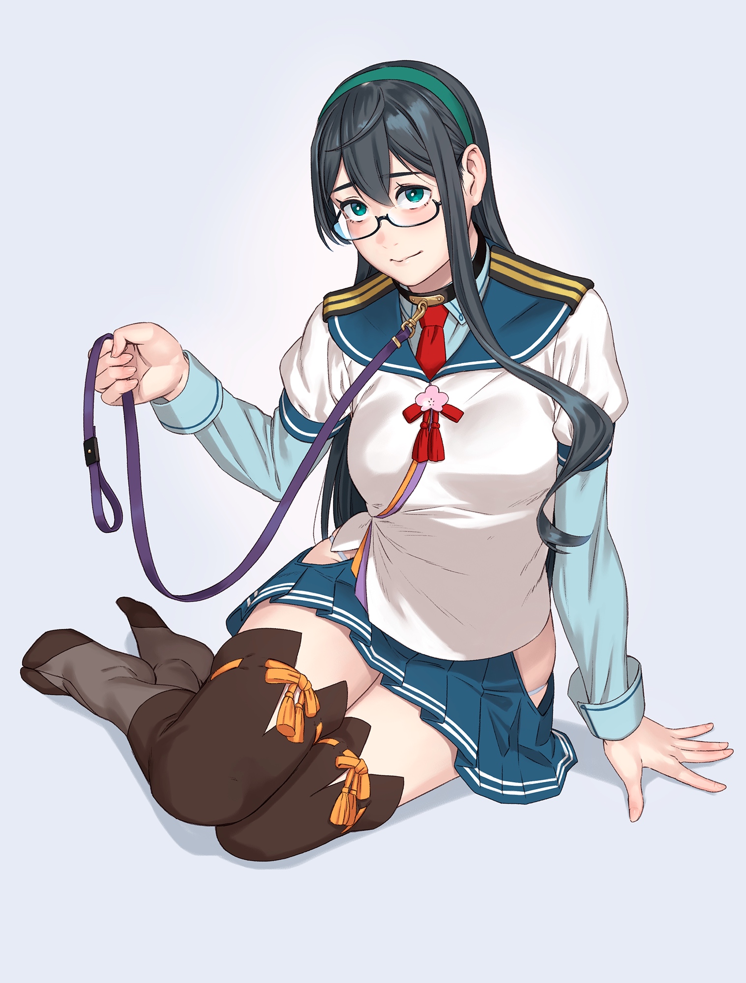 yuuji (and), ooyodo (kancolle), kantai collection, commentary request, highres, 1girl, animal collar, black hair, blue sailor collar, blue shirt, blue skirt, brown thighhighs, collar, collared shirt, green eyes, green hairband, hairband, layered shirt, layered sleeves, leash, long hair, long sleeves, necktie, pleated skirt, red necktie, sailor collar, school uniform, serafuku, shirt, short over long sleeves, short sleeves, skirt, solo, thighhighs, white shirt