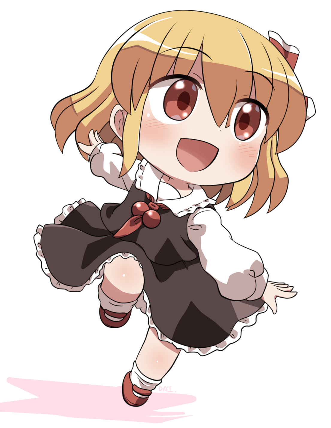 rokugou daisuke, rumia, touhou, commentary request, highres, 1girl, :d, ascot, black skirt, black vest, blonde hair, blush, chibi, chibi only, collared shirt, frilled skirt, frills, full body, hair between eyes, hair ribbon, long sleeves, open mouth, red ascot, red eyes, red ribbon, red shoes, ribbon, shirt, shoes, short hair, simple background, skirt, skirt set, smile, socks, solo, vest, white background, white shirt, white socks