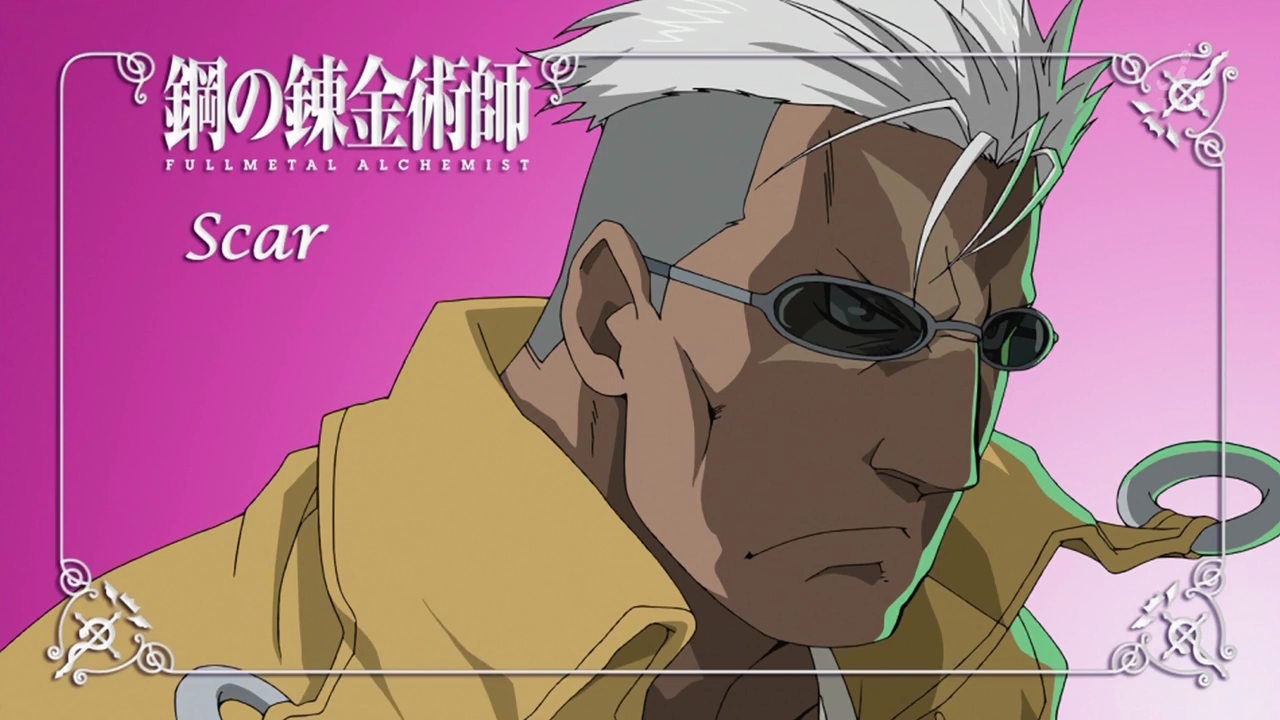 scar (fma), fullmetal alchemist, anime screenshot, official art, 00s, 1boy, dark-skinned male, dark skin, eyecatch, frown, glasses, grey hair, jacket, male focus, multicolored hair, red eyes, scar, short hair, solo, sunglasses, two-tone hair, white hair