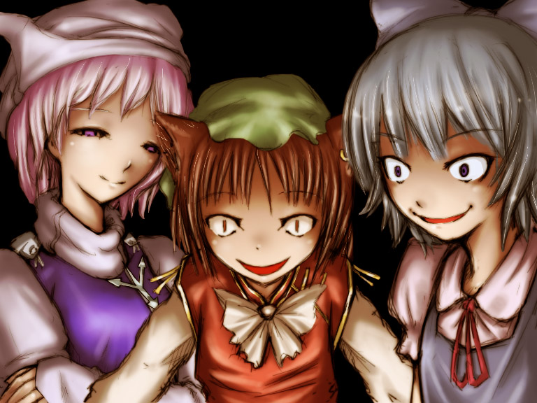 verynezumi, chen, cirno, letty whiterock, touhou, 3girls, crazy eyes, crossed arms, earrings, evil smile, jewelry, multiple girls, smile