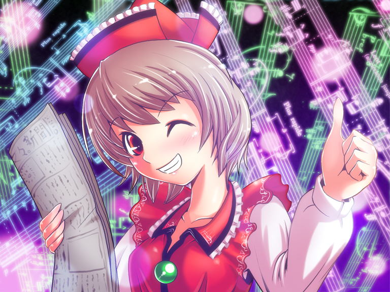 verynezumi, lyrica prismriver, touhou, 1girl, female focus, grin, musical note, newspaper, short hair, smile, solo, thumbs up, wink