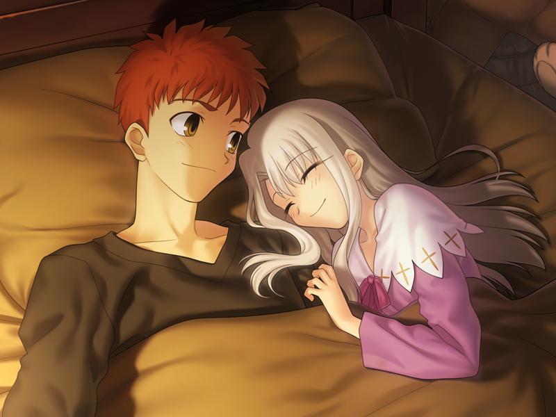 takeuchi takashi, emiya shirou, illyasviel von einzbern, fate/hollow ataraxia, fate/stay night, fate (series), type-moon, artist request, game cg, 00s, 1boy, 1girl, bed, lingerie, nightgown, orange hair, ribbon, underwear, white hair
