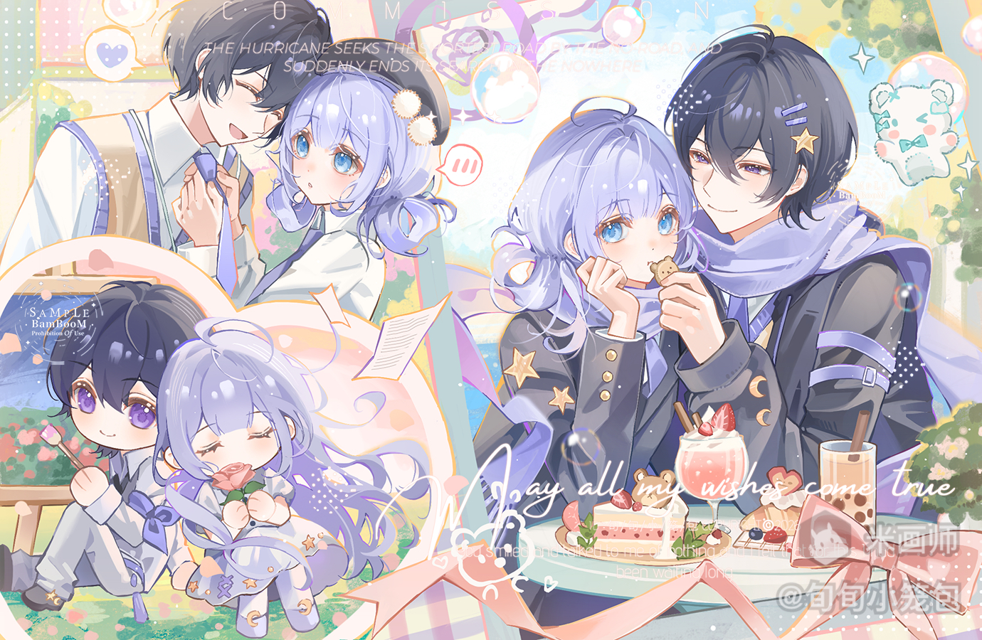 original, 1boy, 1girl, :d, ^ ^, ahoge, black hair, black jacket, black shoes, blue eyes, blue hair, bubble tea, cake, cake slice, chibi, closed eyes, closed mouth, collared shirt, cookie, cup, double-parted bangs, drinking glass, feeding, food, hair between eyes, holding, holding cookie, holding food, jacket, long hair, long sleeves, mihuashi username, multiple views, necktie, open mouth, pants, parfait, parted lips, purple eyes, purple necktie, shirt, shoes, short hair, smile, sweater vest, table, watermark, white pants, white shirt, xun xun xiaolongbao, yellow sweater vest