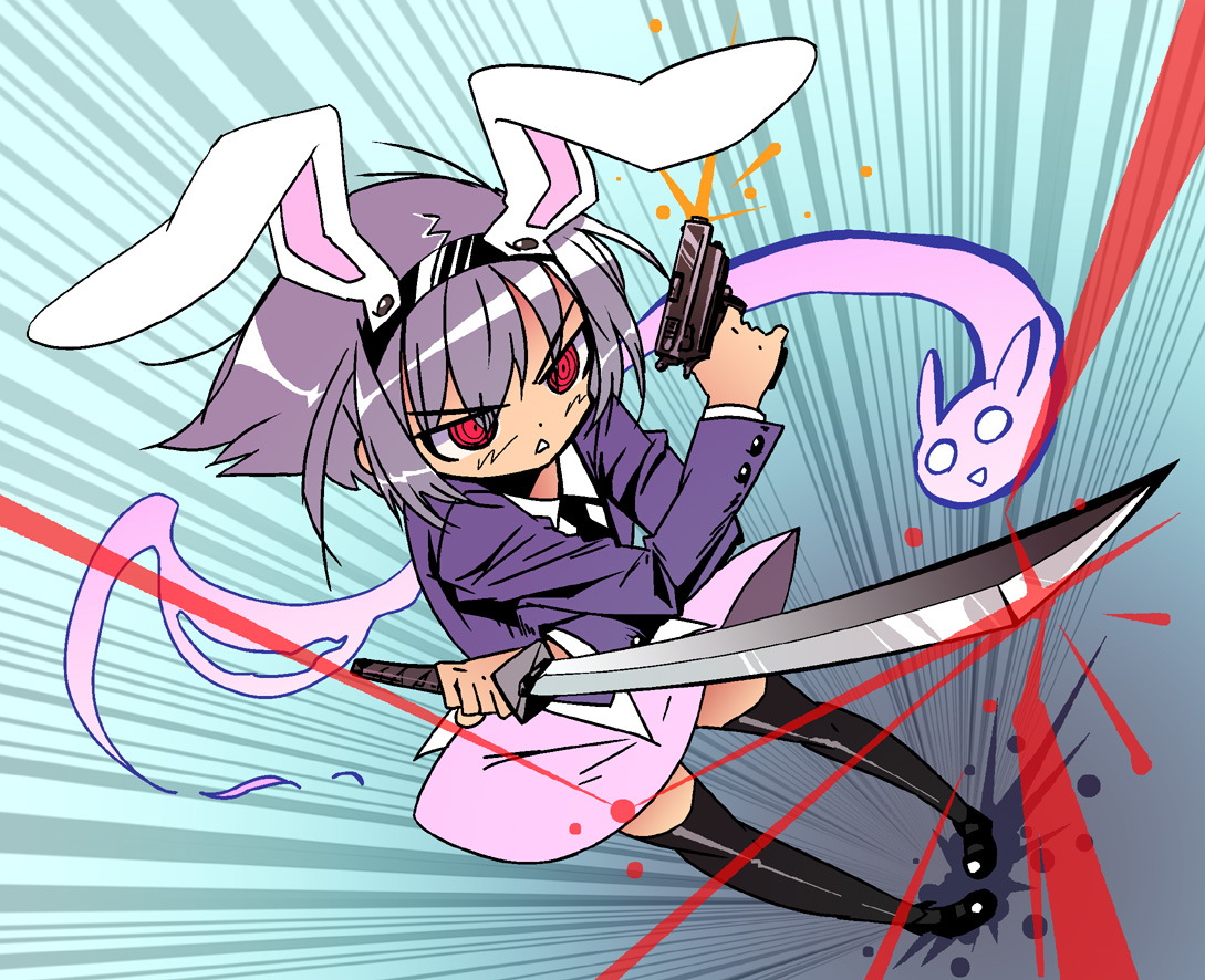 shokkin, konpaku youmu, konpaku youmu (ghost), reisen udongein inaba, umyonge, touhou, 1girl, animal ears, female focus, full body, ghost, gradient background, gun, hairband, if they mated, katana, necktie, purple hair, rabbit ears, red eyes, short hair, skirt, solo, sword, thighhighs, weapon