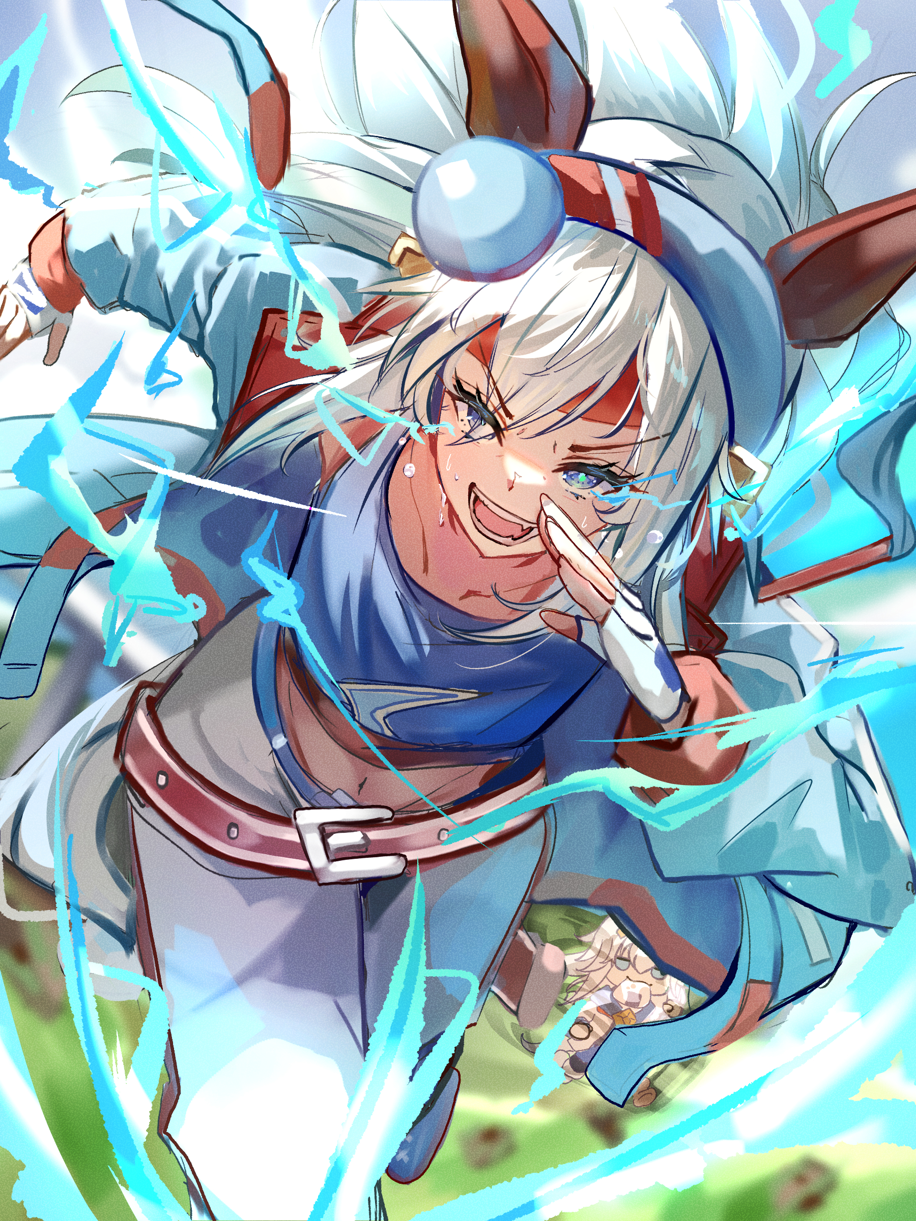 bimmy, oguri cap (starlight beat) (umamusume), oguri cap (umamusume), tamamo cross (umamusume), tamamo cross (with lightning speed) (umamusume), umamusume, absurdres, commentary, highres, 2girls, animal ears, belt, blue eyes, blue hairband, collarbone, ear covers, hairband, horse ears, horse girl, horse tail, jacket, long hair, midriff, multiple girls, navel, open clothes, open jacket, open mouth, pants, red belt, running, sweat, tail, teeth, white hair, white pants