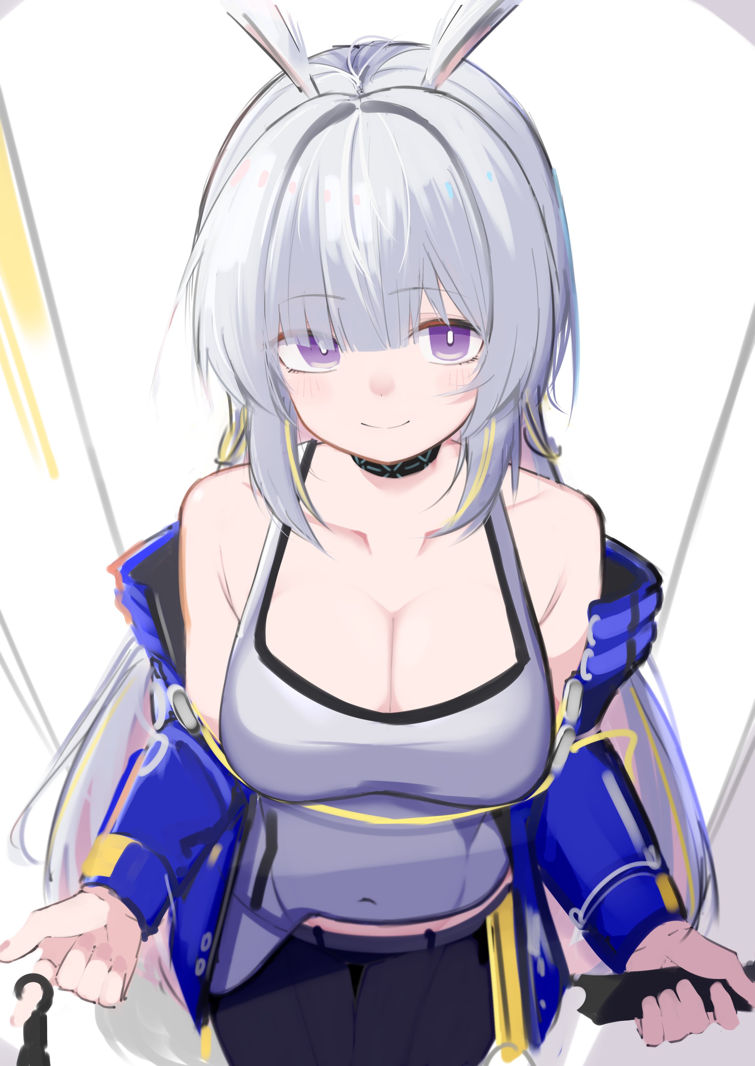 asususususu, infection monitor (arknights), surfer (arknights), arknights, absurdres, commentary request, highres, 1girl, animal ears, armpit crease, bare shoulders, black pants, blue jacket, blush, breasts, bright pupils, cleavage, closed mouth, collarbone, cowboy shot, from above, holding, holding kunai, holding weapon, jacket, kunai, large breasts, long hair, long sleeves, looking at viewer, off shoulder, pants, purple eyes, sidelocks, smile, solo, squirrel ears, squirrel girl, tank top, very long hair, weapon, white background, white hair, white tank top