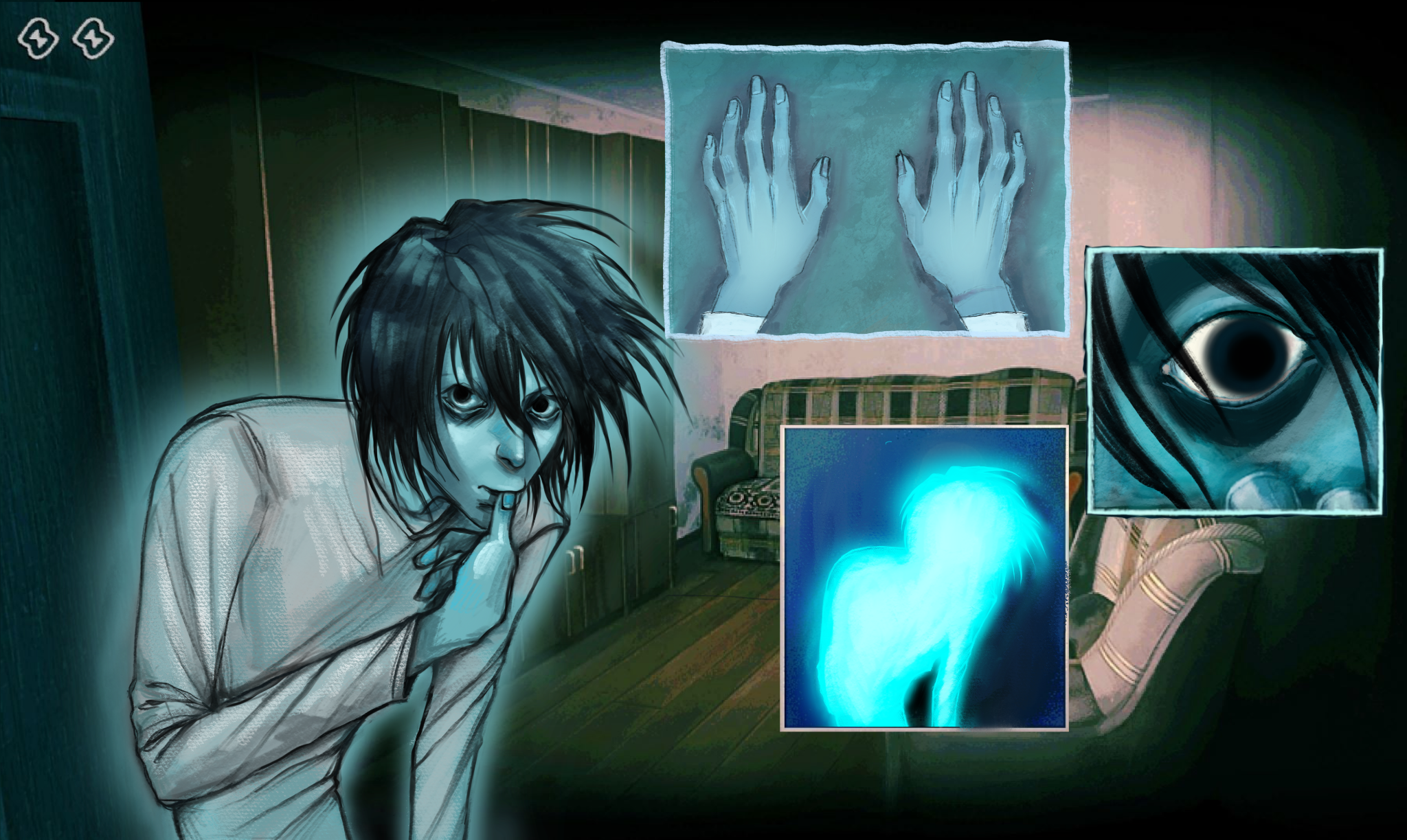l (death note), death note, no i'm not a human, highres, 1boy, bags under eyes, black eyes, black hair, crew neck, crossover, empty eyes, fingernails, hair between eyes, indoors, long sleeves, male focus, margonika00, messy hair, no i'm not a human (style), shirt, solo focus, thumb to mouth, white shirt