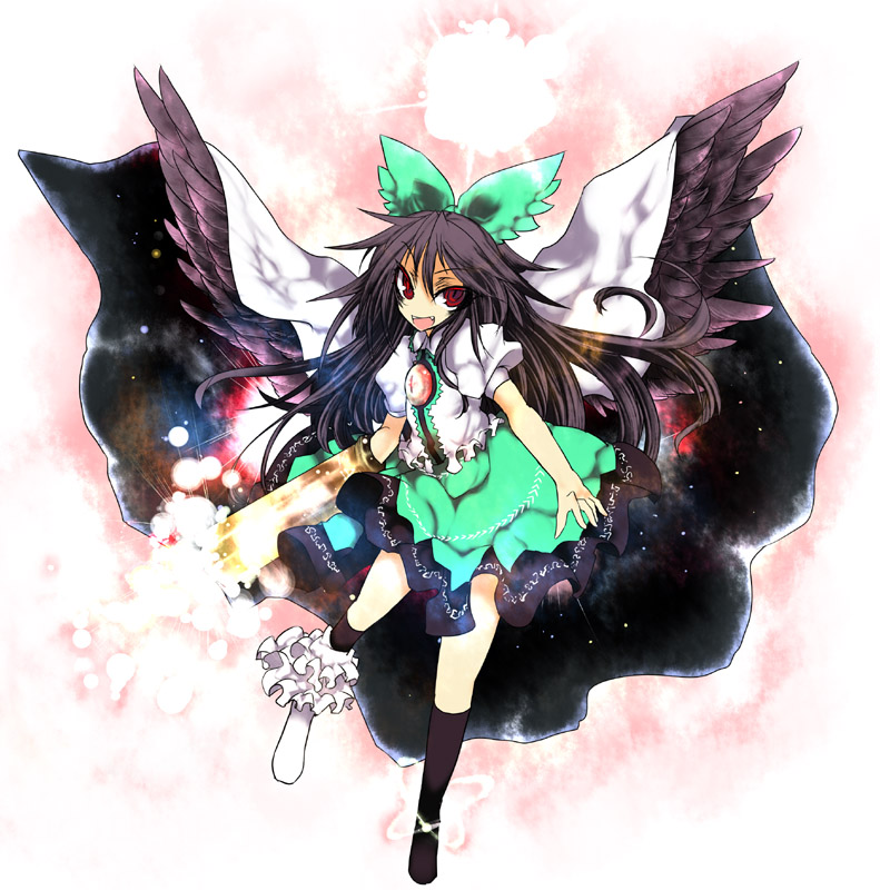 aoguu, reiuji utsuho, touhou, bad id, bad pixiv id, 1girl, black hair, female focus, full body, gradient background, kneehighs, long hair, red eyes, skirt, socks, solo, white background, wings