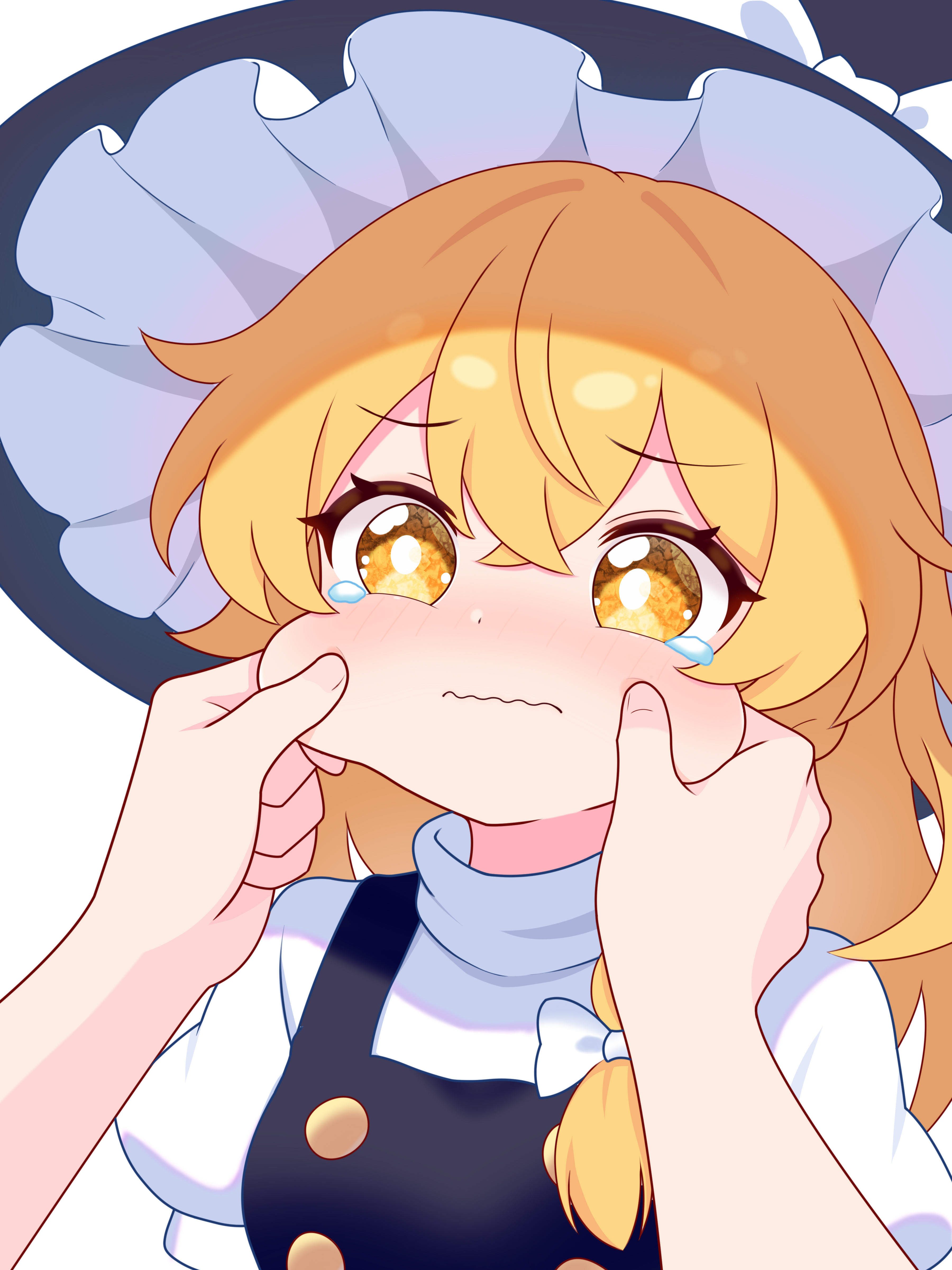 qing zhanglao, kirisame marisa, touhou, absurdres, highres, 1girl, 1other, black hat, black vest, blonde hair, bow, braid, cheek pull, frilled hat, frills, hair bow, hat, hat bow, long hair, shirt, side braid, solo focus, tears, upper body, vest, white background, white bow, white shirt, witch hat, yellow eyes