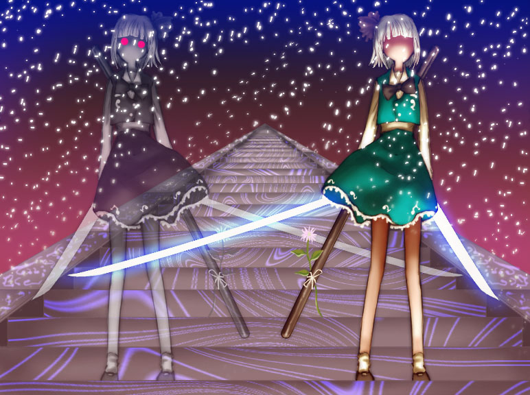 verynezumi, konpaku youmu, konpaku youmu (ghost), touhou, 2girls, bow, bowtie, dual wielding, female focus, flower, ghost, glowing, glowing eyes, hitodama, holding, katana, multiple girls, red eyes, sword, weapon