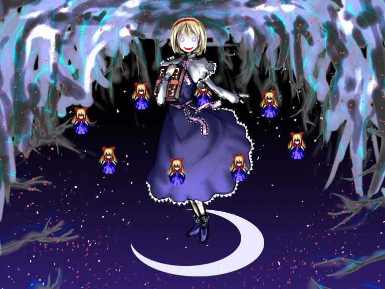 verynezumi, alice margatroid, shanghai doll, touhou, 6+girls, book, creepy, female focus, glowing, glowing eyes, hairband, horror (theme), multiple girls