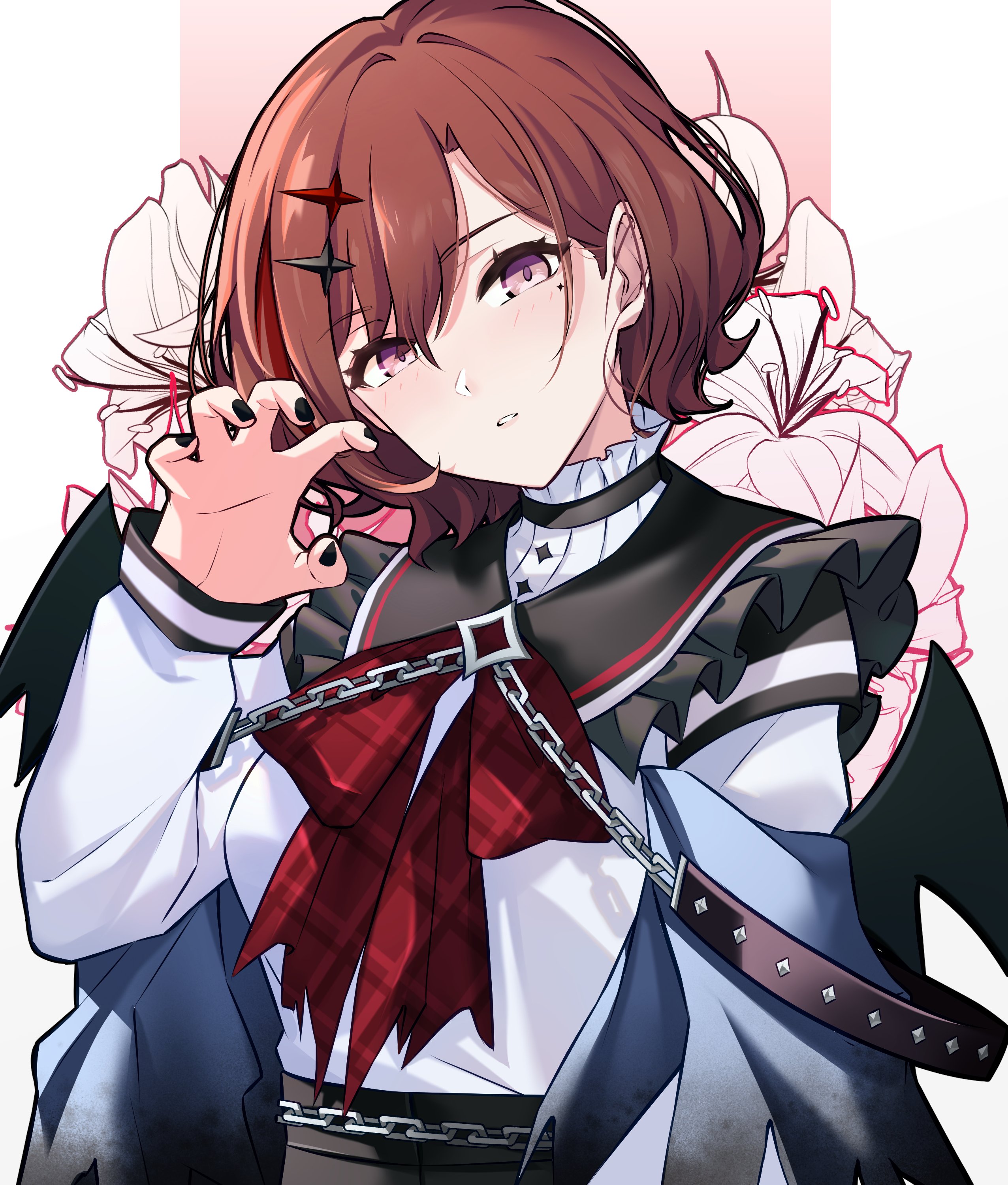 wanderstillart, higuchi madoka, idolmaster, idolmaster shiny colors, absurdres, commentary, english commentary, highres, 1girl, brown hair, chain, floral background, hair ornament, mole, mole under eye, purple eyes, short hair, solo, upper body