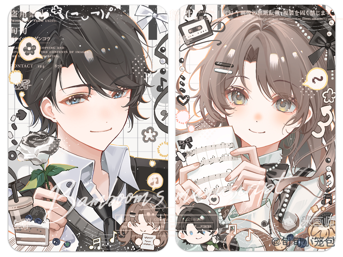 original, 1boy, 1girl, black hair, black necktie, black sweater, blue eyes, border, brown hair, bubble tea, cake, cake slice, closed mouth, collared shirt, dot nose, food, green eyes, hair ornament, hairclip, holding, long hair, mihuashi username, necktie, parallel hairclips, parted bangs, portrait, sheet music, shirt, short hair, smile, sweater, watermark, white border, white shirt, wing collar, xun xun xiaolongbao
