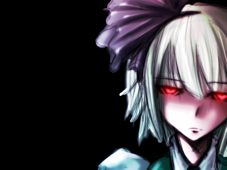 verynezumi, konpaku youmu, touhou, 1girl, female focus, glowing, glowing eyes, hairband, portrait, red eyes, short hair, simple background, solo