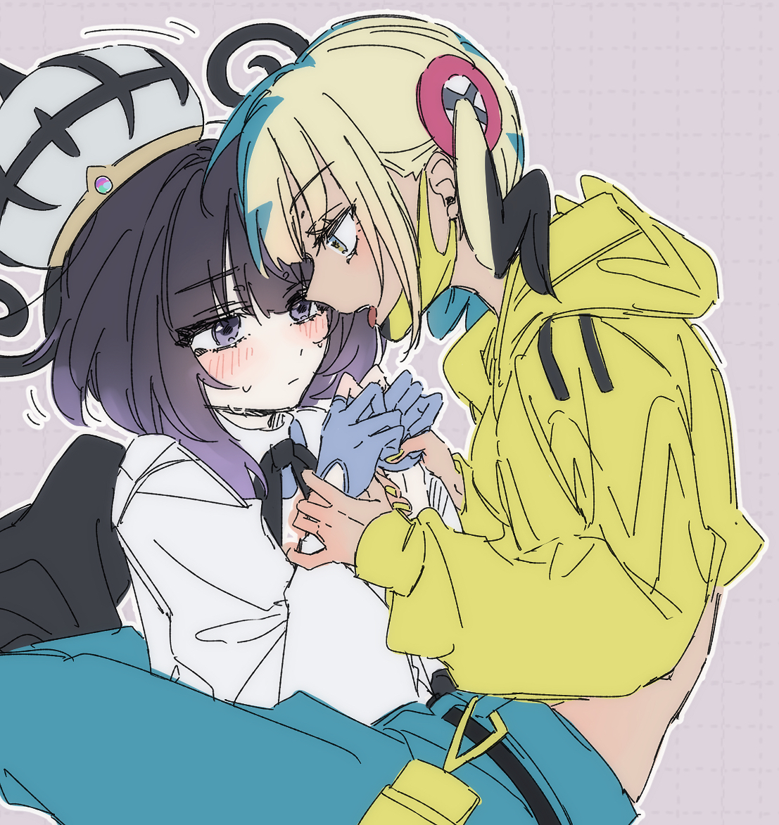 canari (pokemon), gwynn (pokemon), nintendo, pokemon, pokemon legends: z-a, commentary request, 2girls, black hair, blonde hair, blue hair, blue pants, blush, bob cut, closed mouth, coat, cropped jacket, gloves, gradient hair, grid background, hat, holding another's wrist, jacket, long sleeves, looking at another, multicolored hair, multiple girls, open mouth, pants, partially fingerless gloves, purple eyes, purple hair, sakizome, short hair, tongue, tongue out, white coat, yellow jacket, yuri