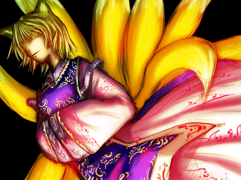 verynezumi, yakumo ran, touhou, 1girl, animal ears, dutch angle, female focus, fox ears, fox tail, hands in opposite sleeves, kitsune, kyuubi, multiple tails, simple background, solo, tail