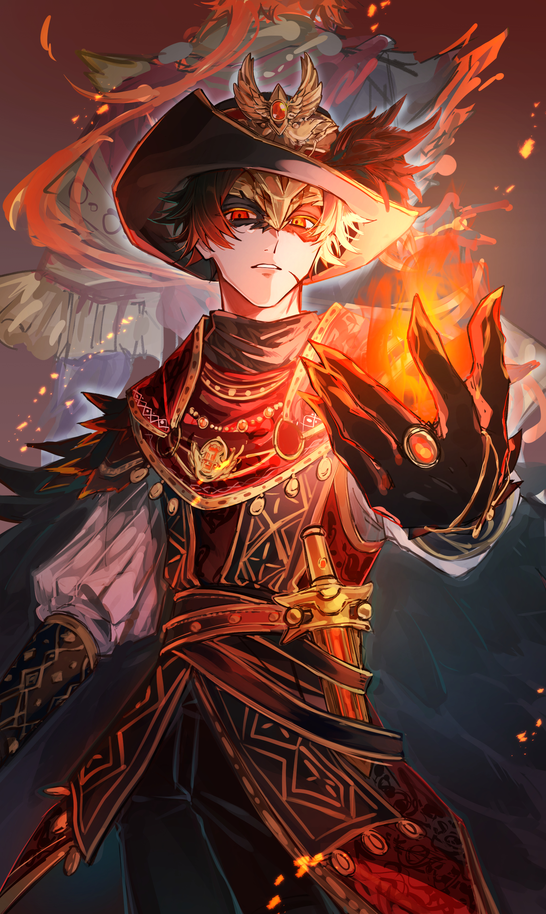 rakkasei (enke5758), fool's gold (infernal sin) (identity v), norton campbell, norton campbell (the orphan of goetia), identity v, absurdres, highres, 2boys, black gloves, black hair, black hat, black pants, black vest, claws, colored eyelashes, cowboy hat, cowboy shot, dagger, fire, fool's gold (identity v), gloves, gold trim, hat, knife, looking at viewer, male focus, multiple boys, outstretched hand, pants, parted lips, puffy sleeves, red eyes, shirt, short hair, vest, weapon, white shirt