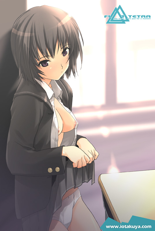 io takuya, nanasaki ai, amagami, 1girl, black hair, blazer, clothes lift, female focus, jacket, open clothes, open shirt, panties, school uniform, shirt, short hair, skirt, skirt lift, solo, underwear